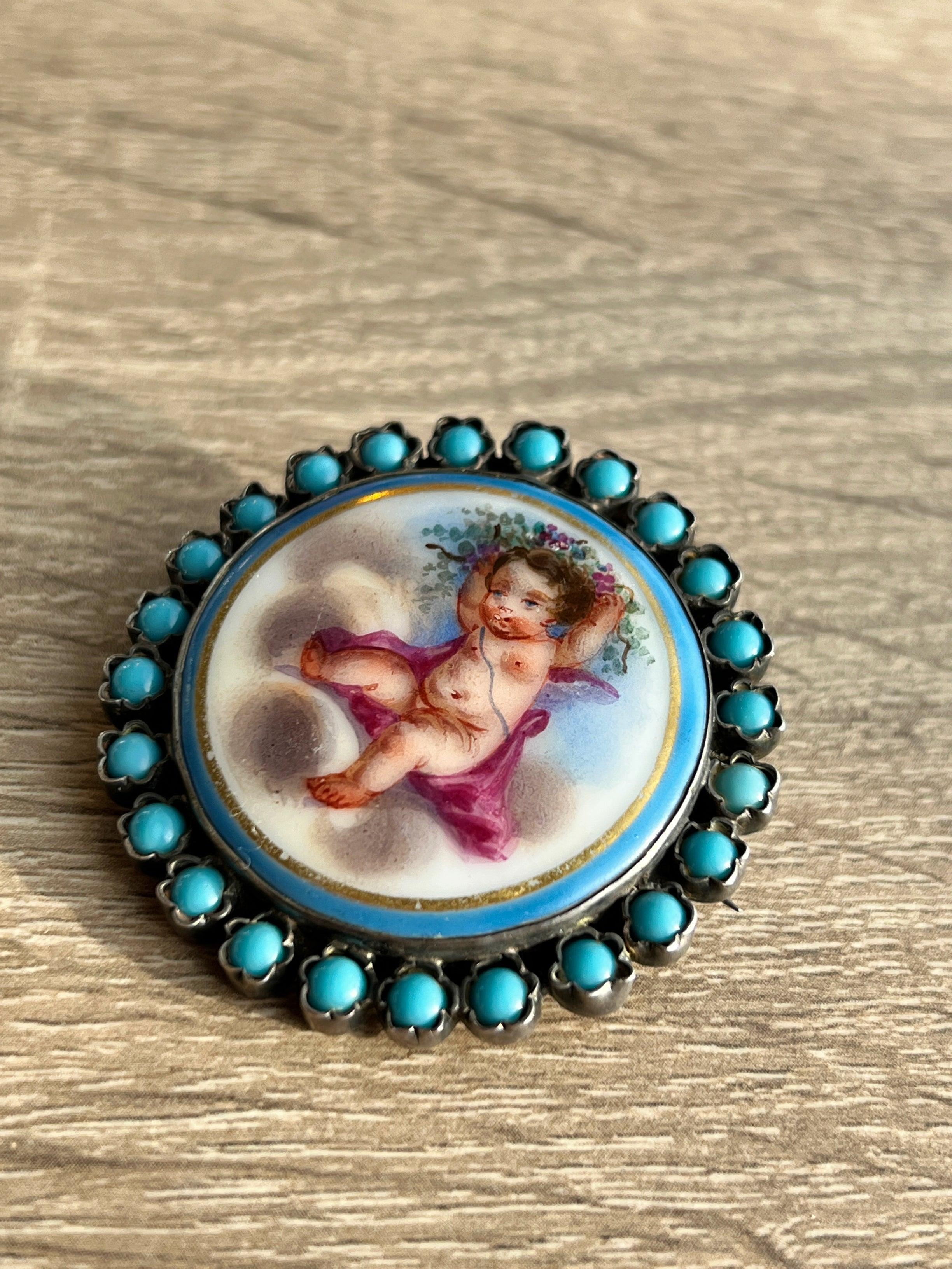 Rare & Beautiful French Antique Turquoise Angel Cherub miniature silver brooch - Curiously timeless