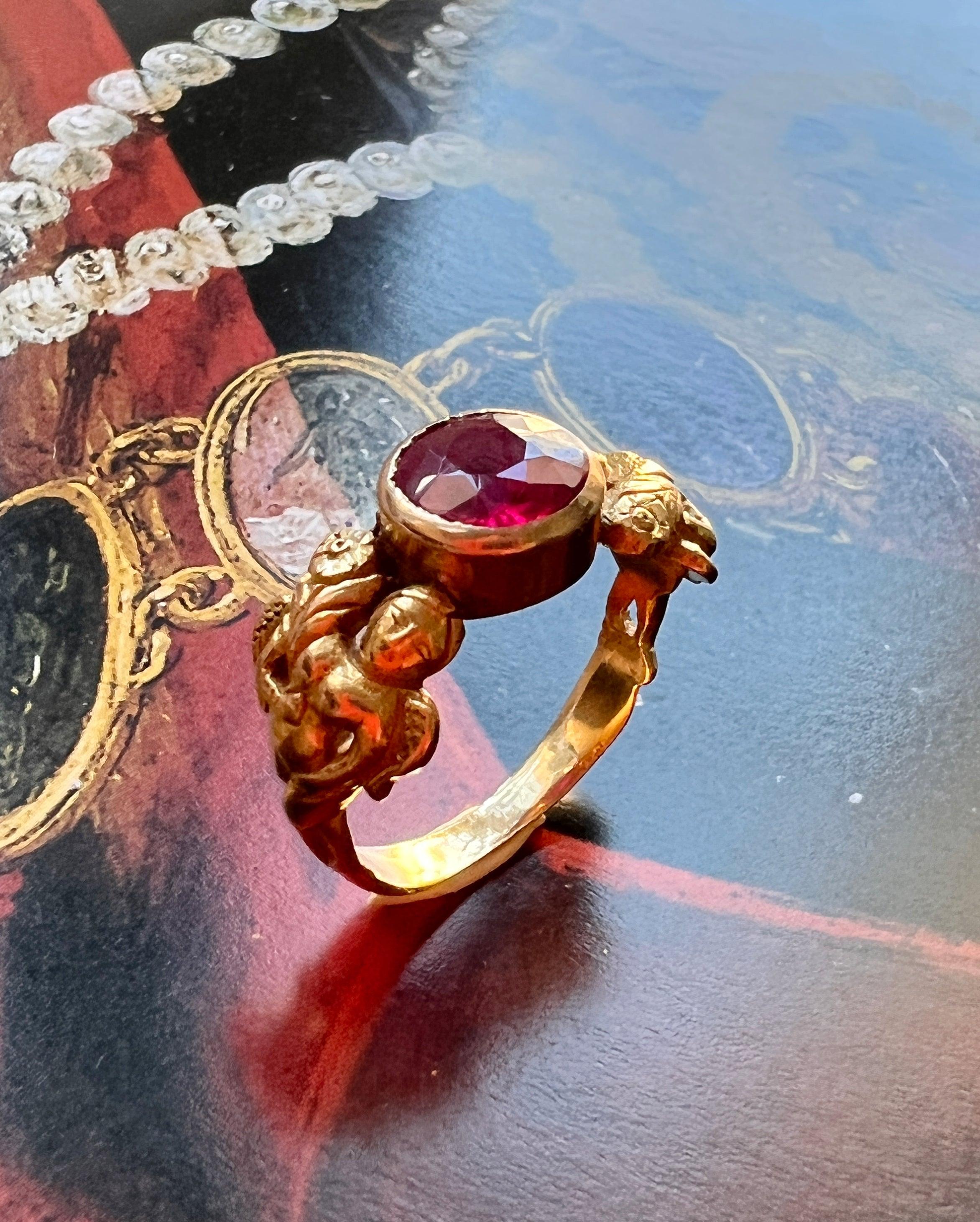 Magnificent French Art Nouveau Style 18K gold ruby female flower ring - Curiously timeless