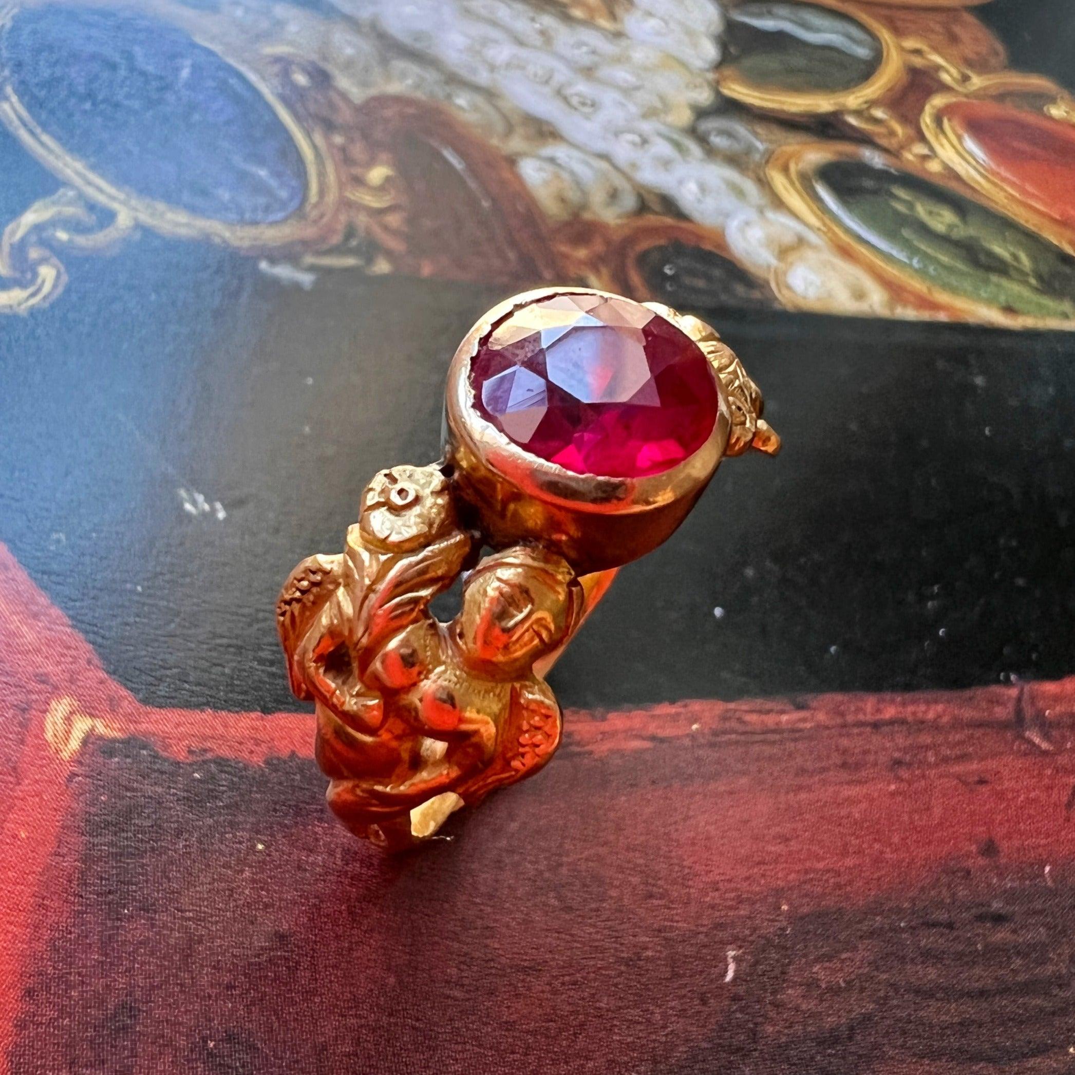 Magnificent French Art Nouveau Style 18K gold ruby female flower ring - Curiously timeless