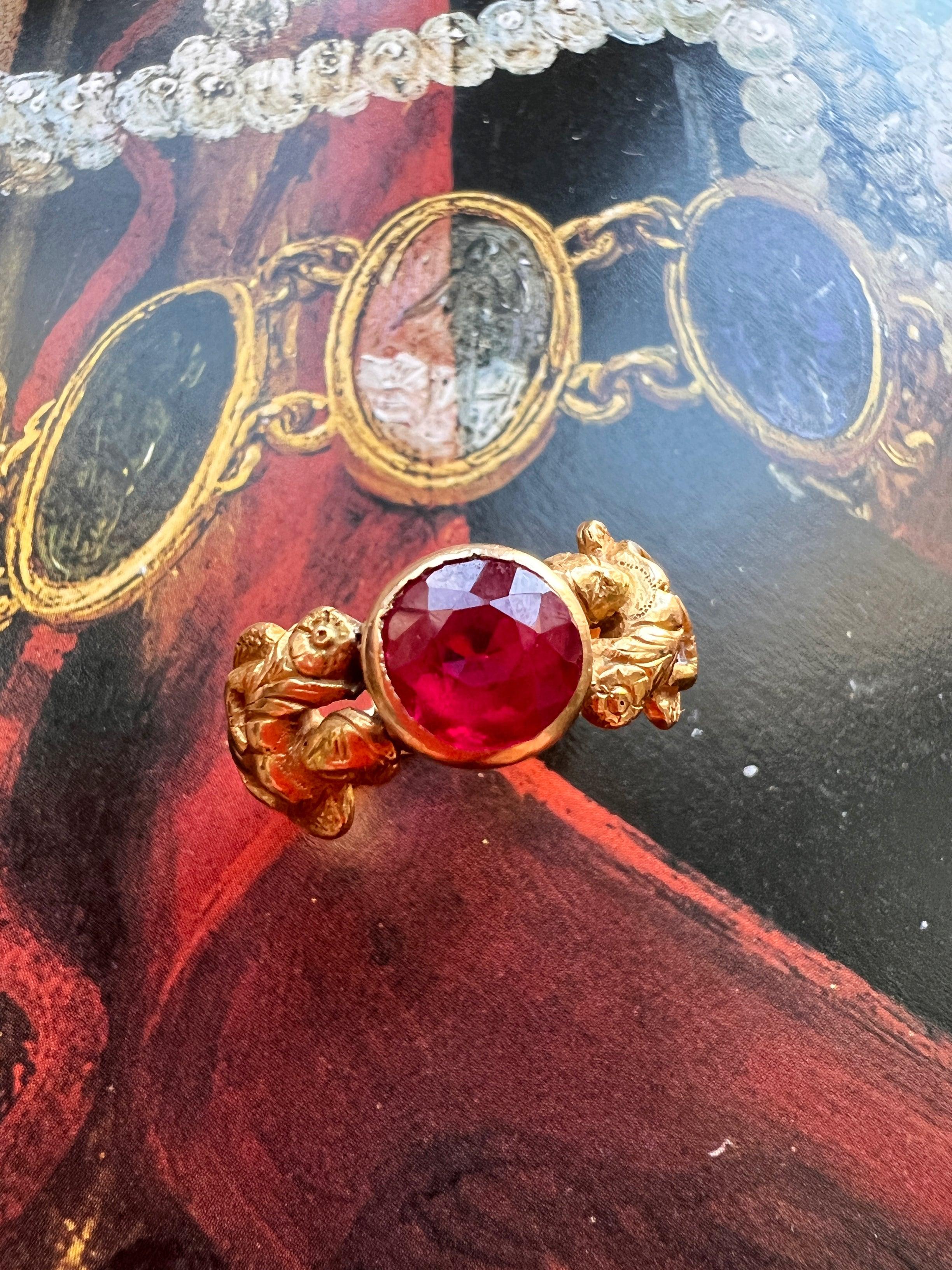 Magnificent French Art Nouveau Style 18K gold ruby female flower ring - Curiously timeless