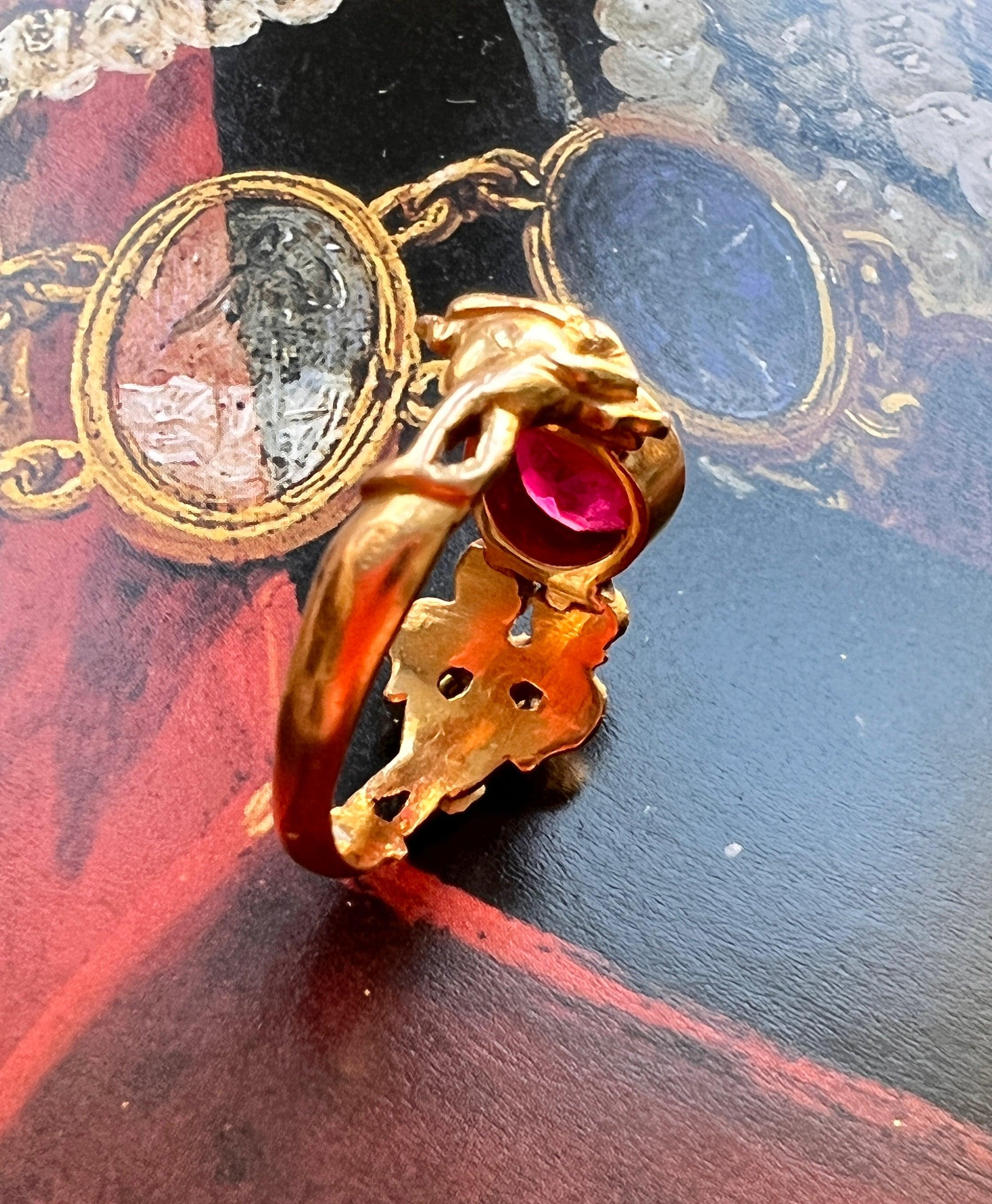 Magnificent French Art Nouveau Style 18K gold ruby female flower ring - Curiously timeless