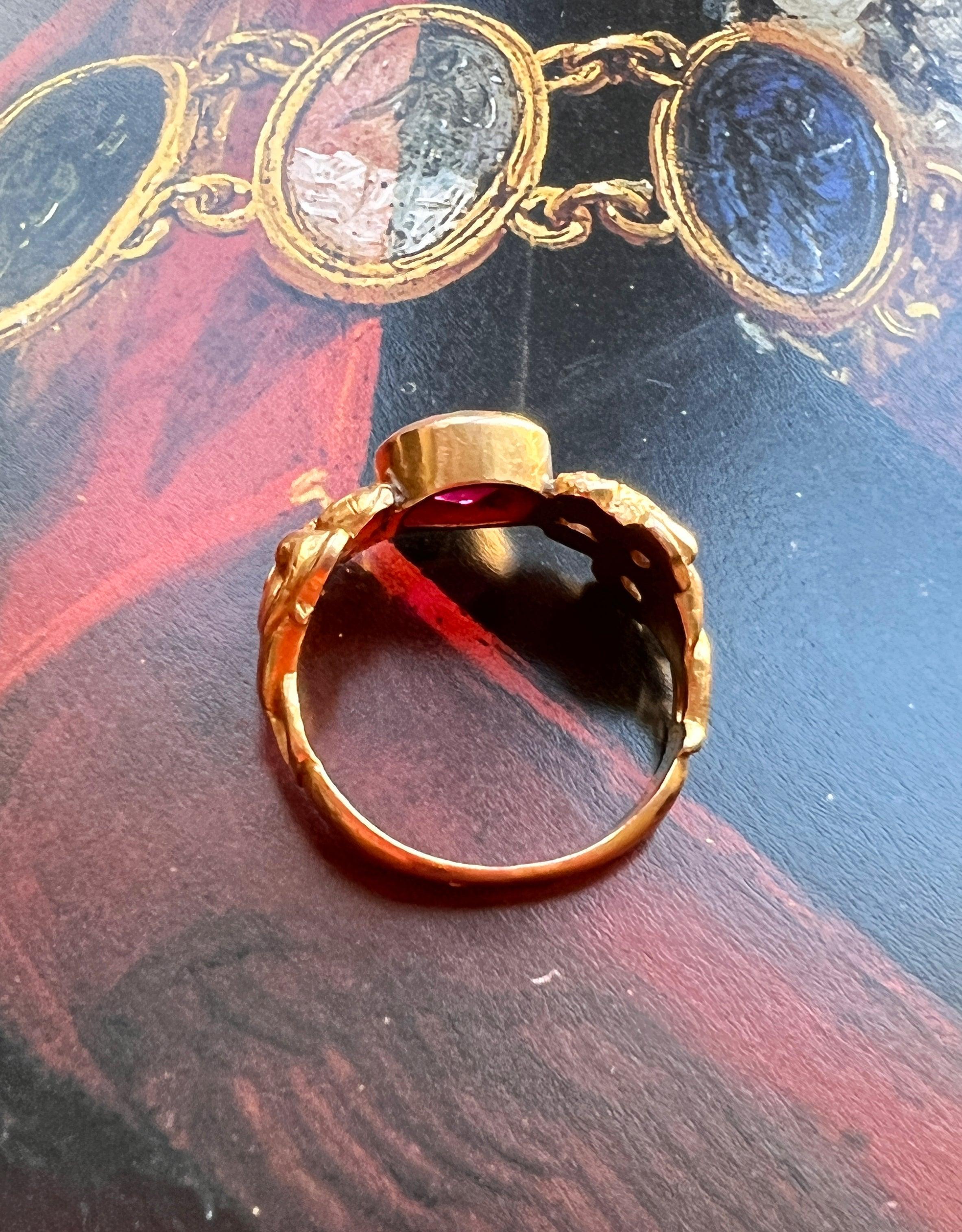 Magnificent French Art Nouveau Style 18K gold ruby female flower ring - Curiously timeless