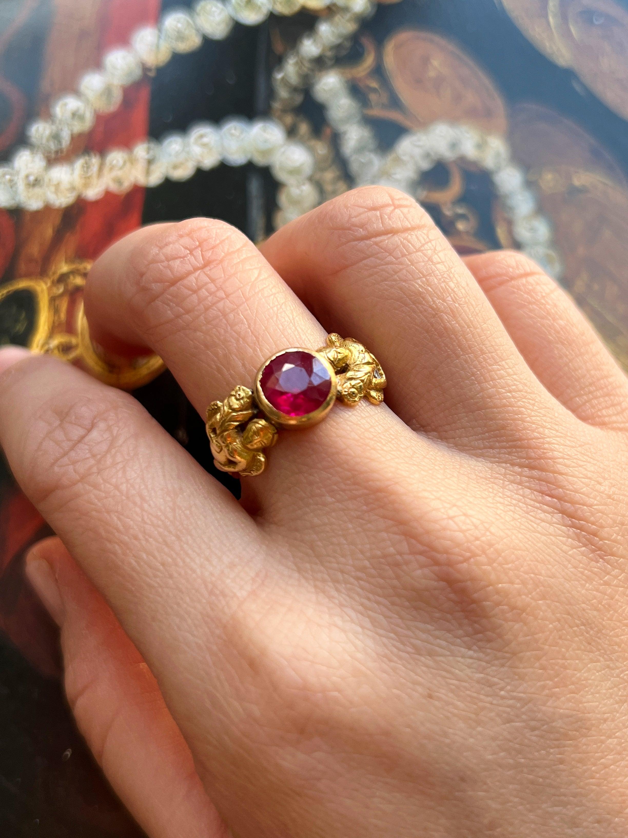 Magnificent French Art Nouveau Style 18K gold ruby female flower ring - Curiously timeless