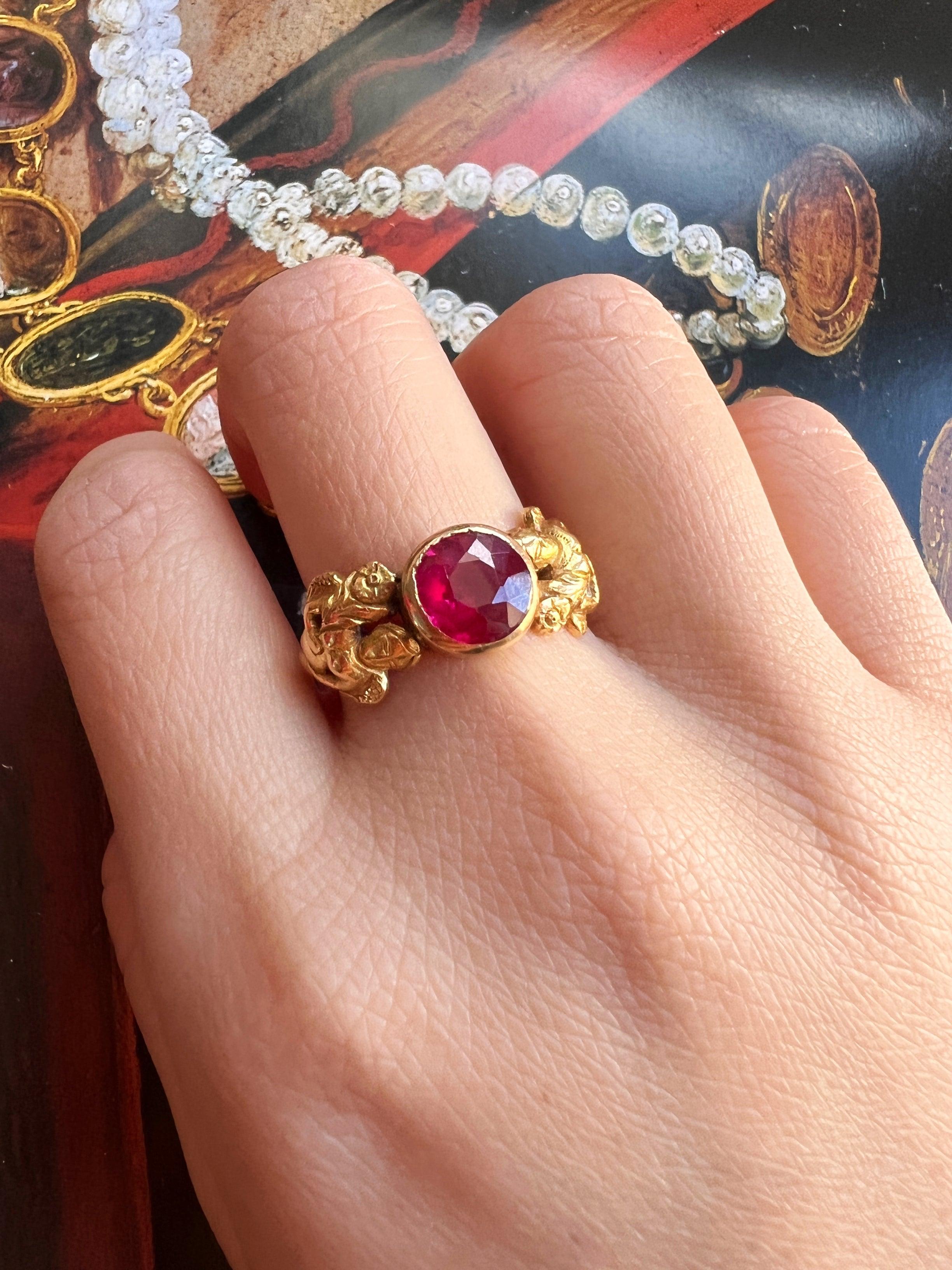 Magnificent French Art Nouveau Style 18K gold ruby female flower ring - Curiously timeless