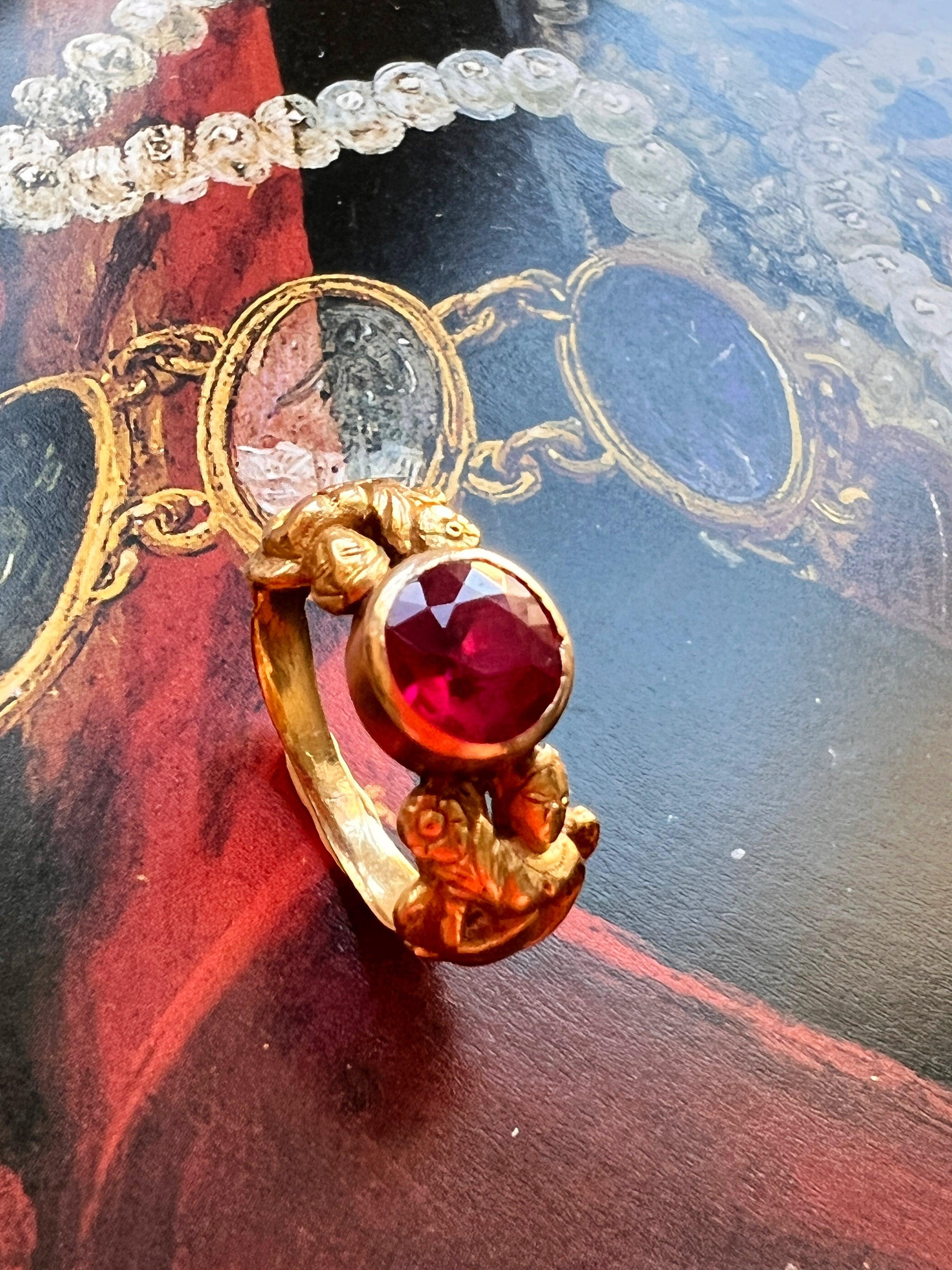 Magnificent French Art Nouveau Style 18K gold ruby female flower ring - Curiously timeless