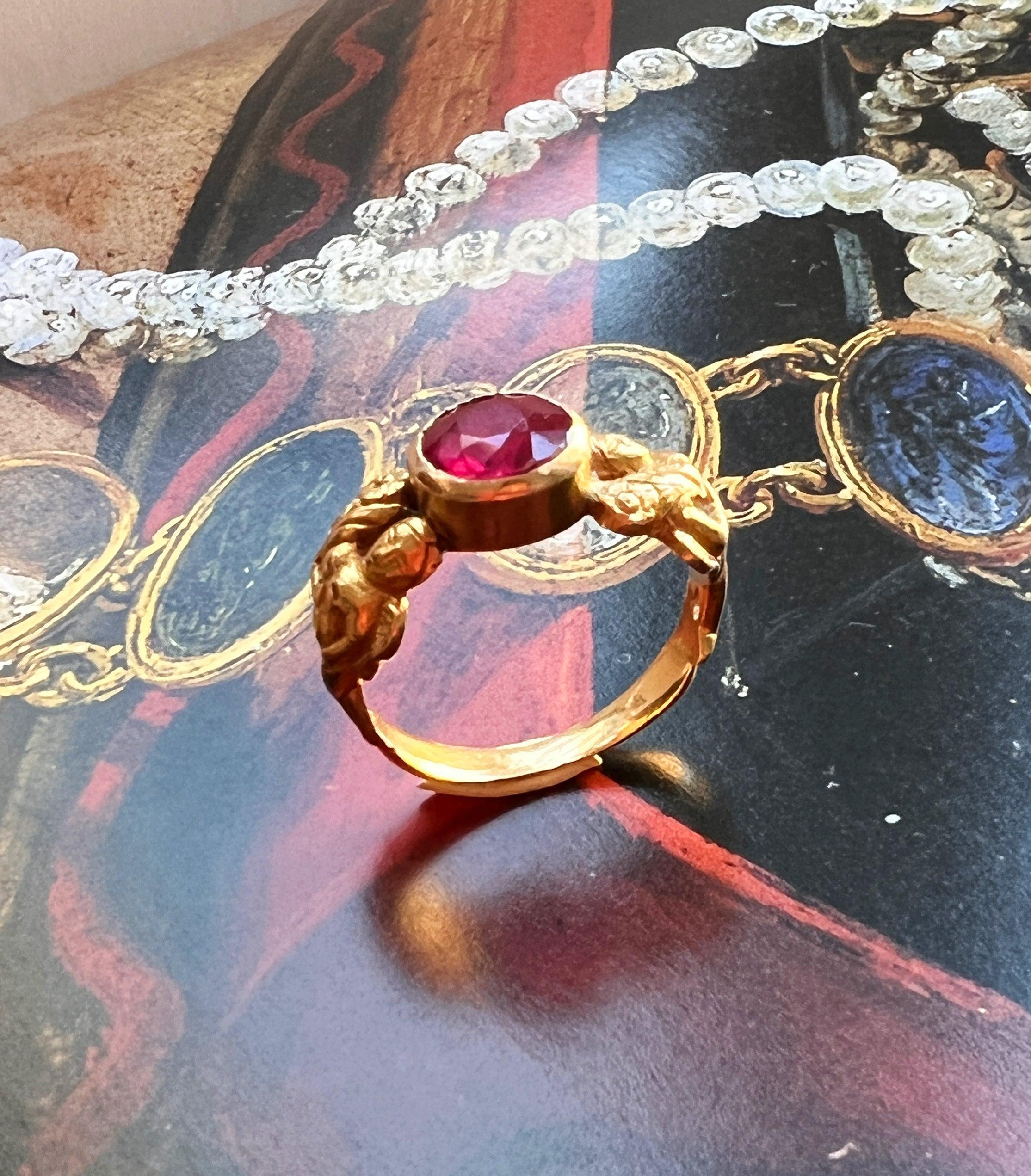 Magnificent French Art Nouveau Style 18K gold ruby female flower ring - Curiously timeless