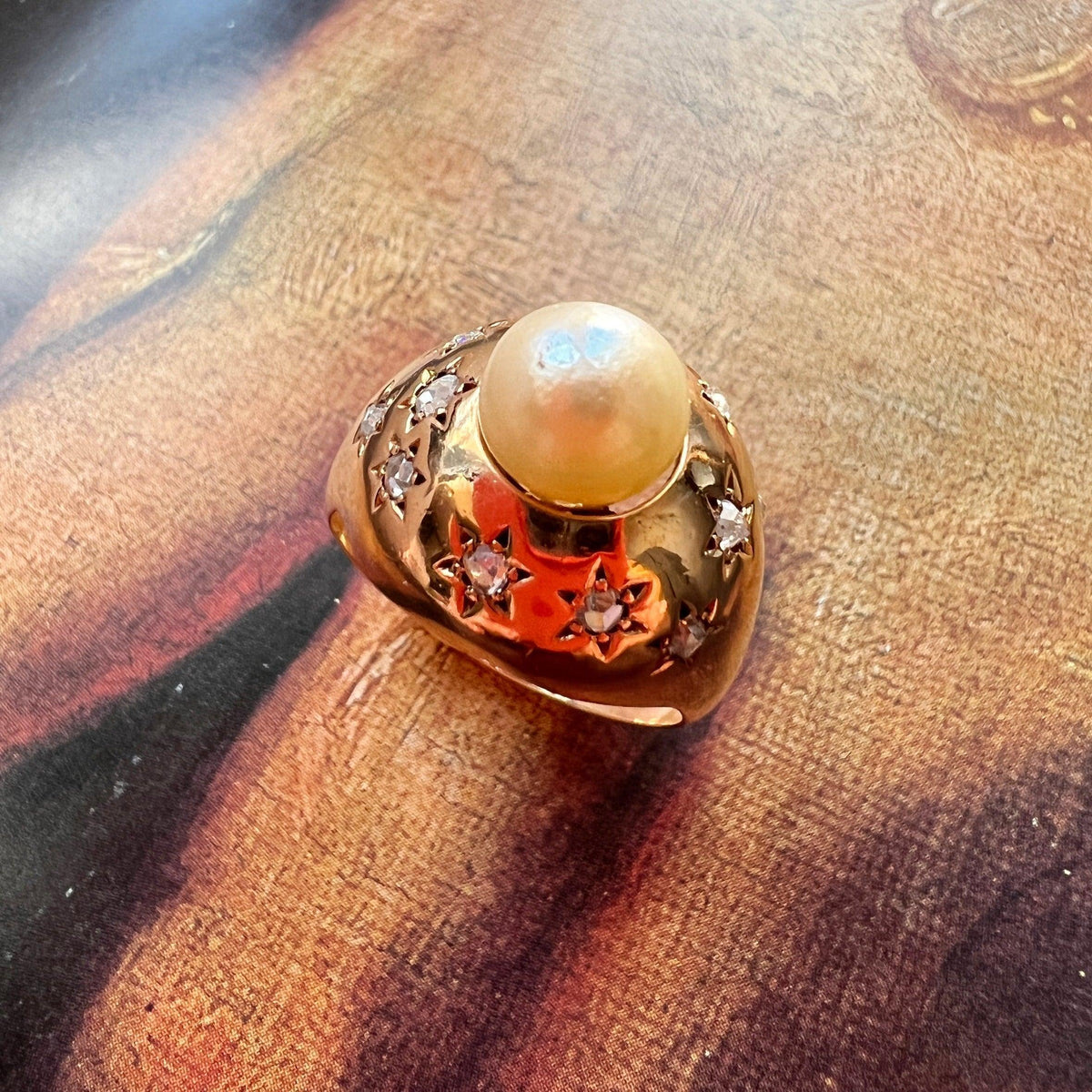 Bomb Star Rings Vintage 18K gold diamond star pearl bombé ring