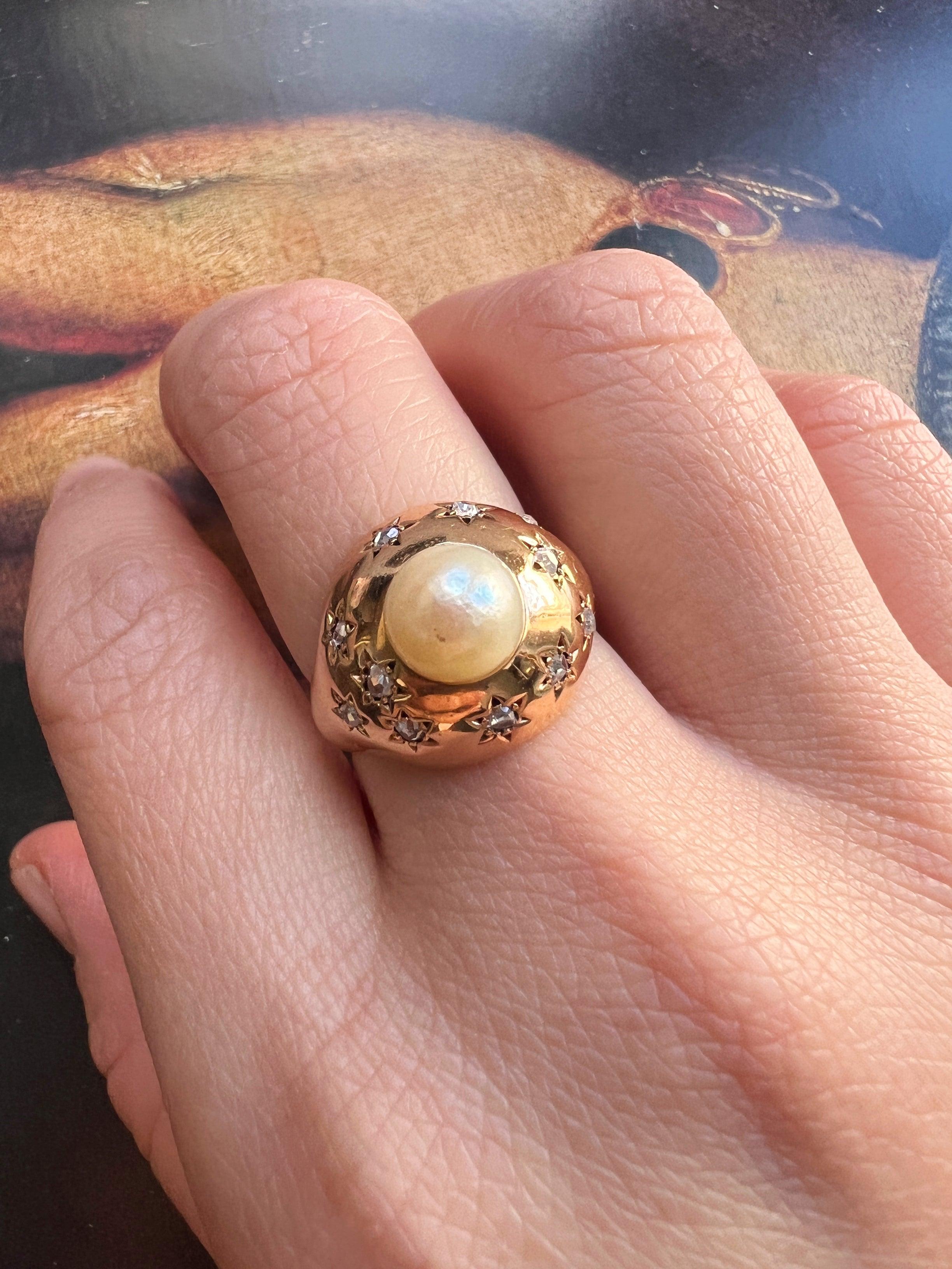 Vintage 18K gold diamond star pearl bombé ring - Curiously timeless