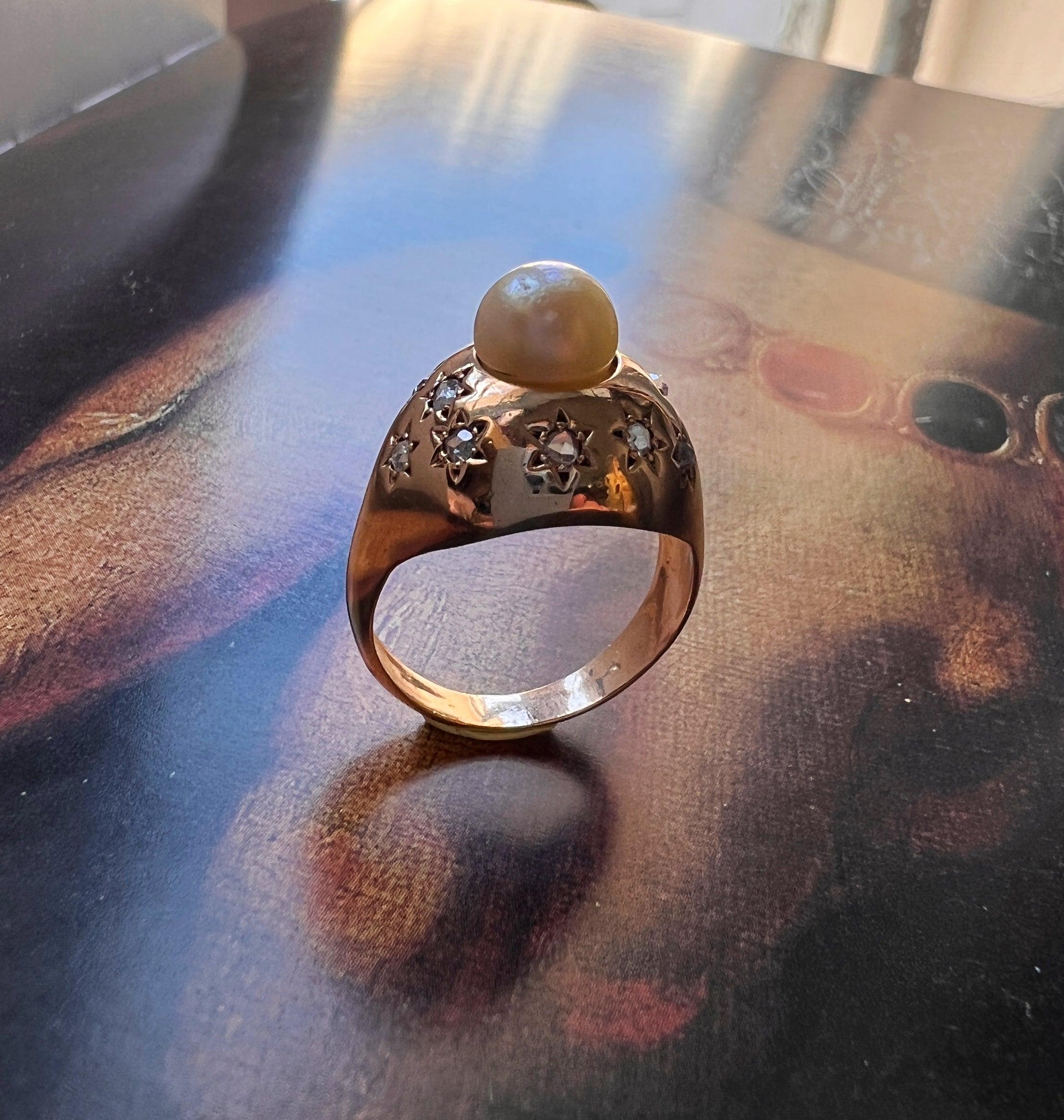 Vintage 18K gold diamond star pearl bombé ring - Curiously timeless