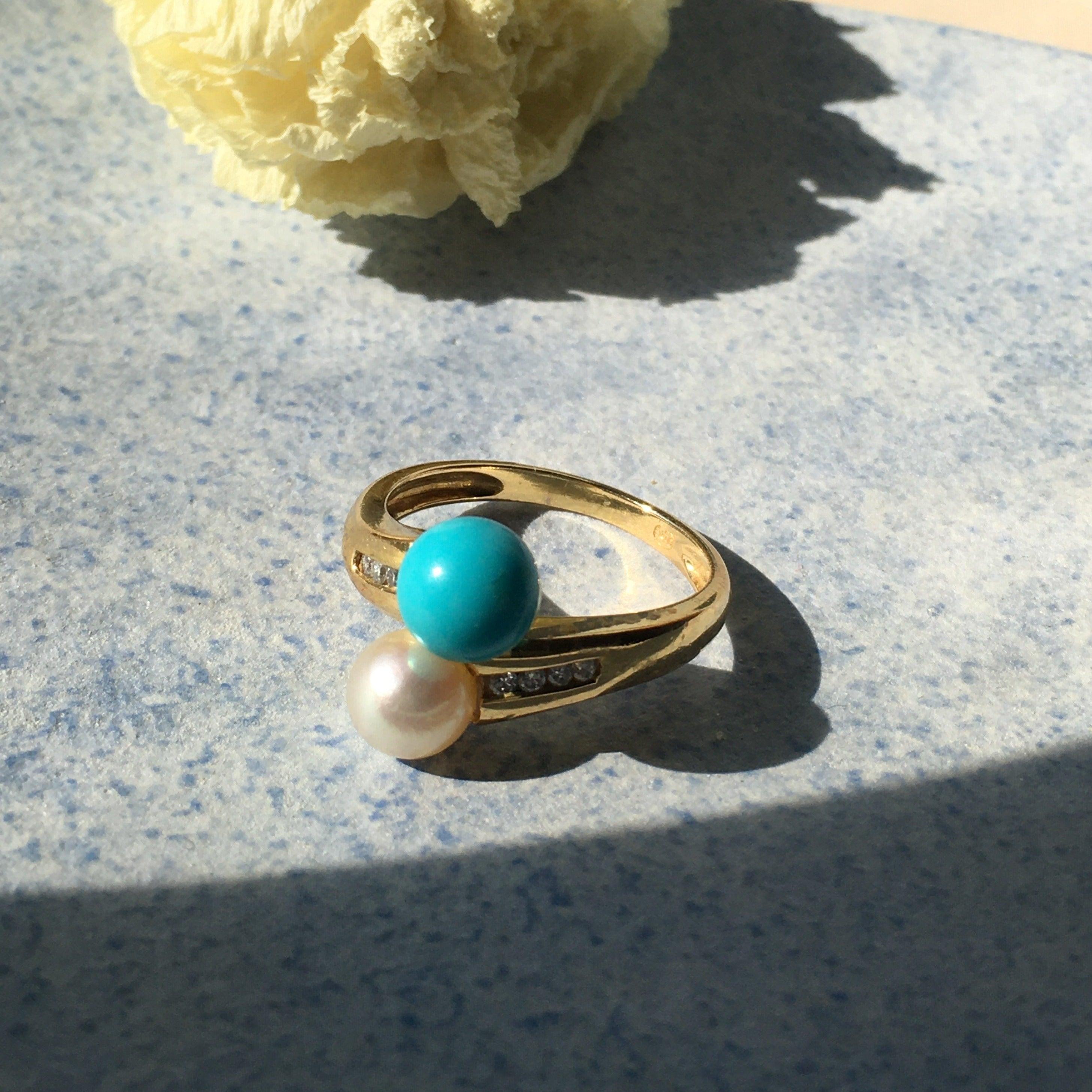 Pearl & turquoise diamond Toi et Moi 18k gold ring - Curiously timeless