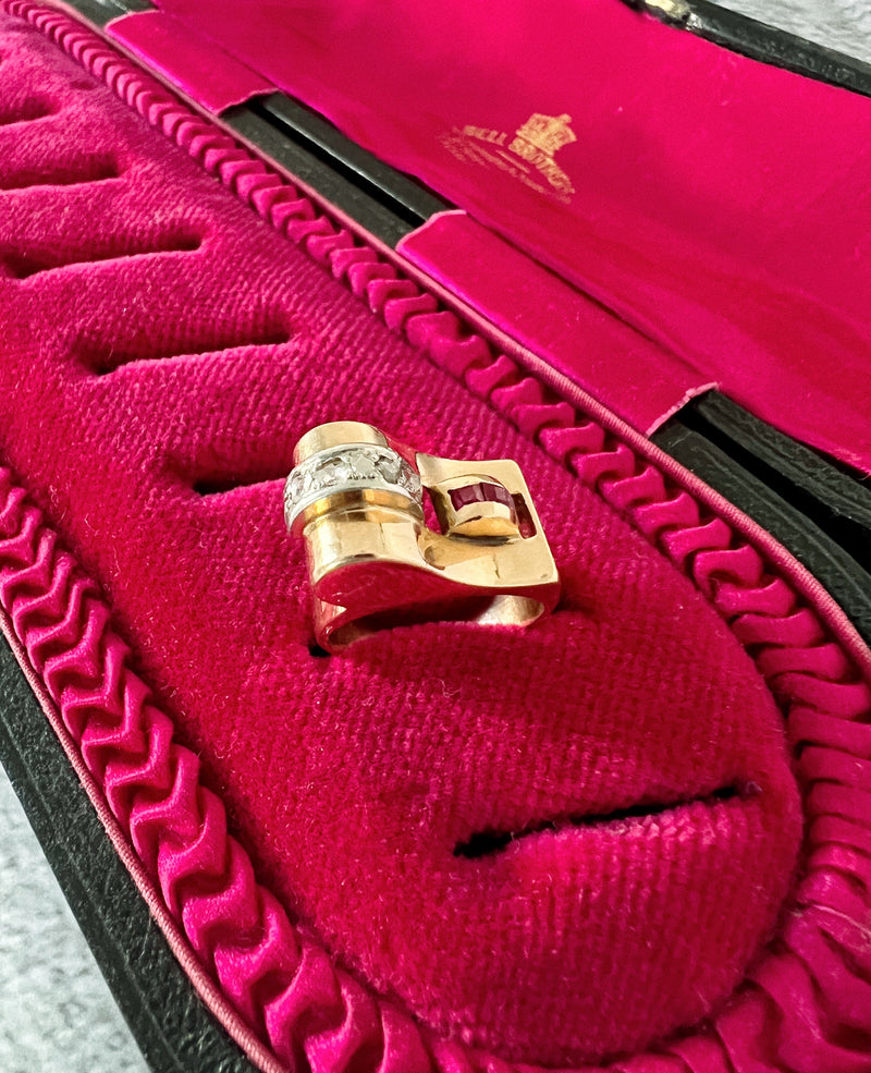 French 1940s 18k yellow gold diamond ruby tank ring