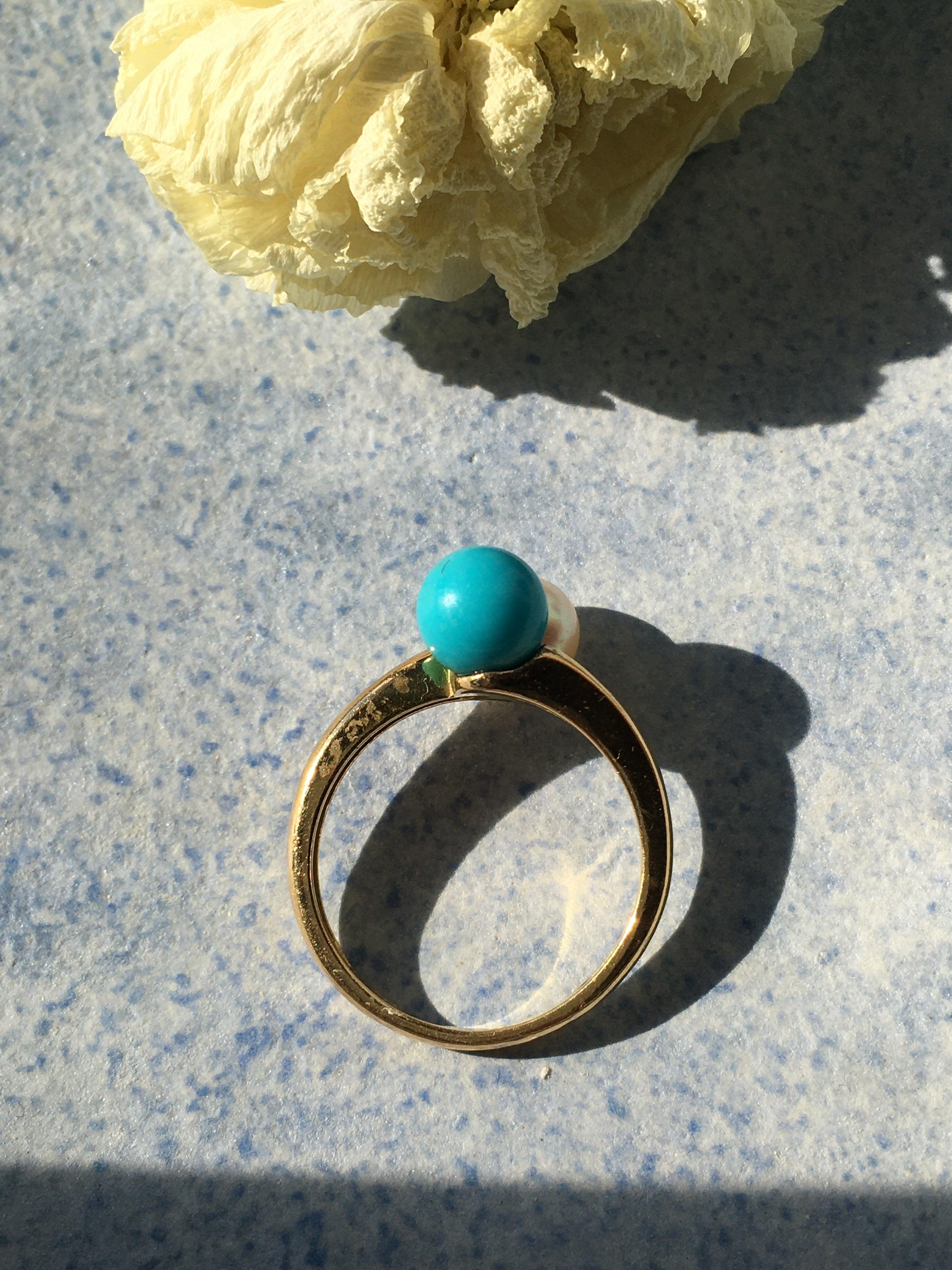 Pearl & turquoise diamond Toi et Moi 18k gold ring - Curiously timeless