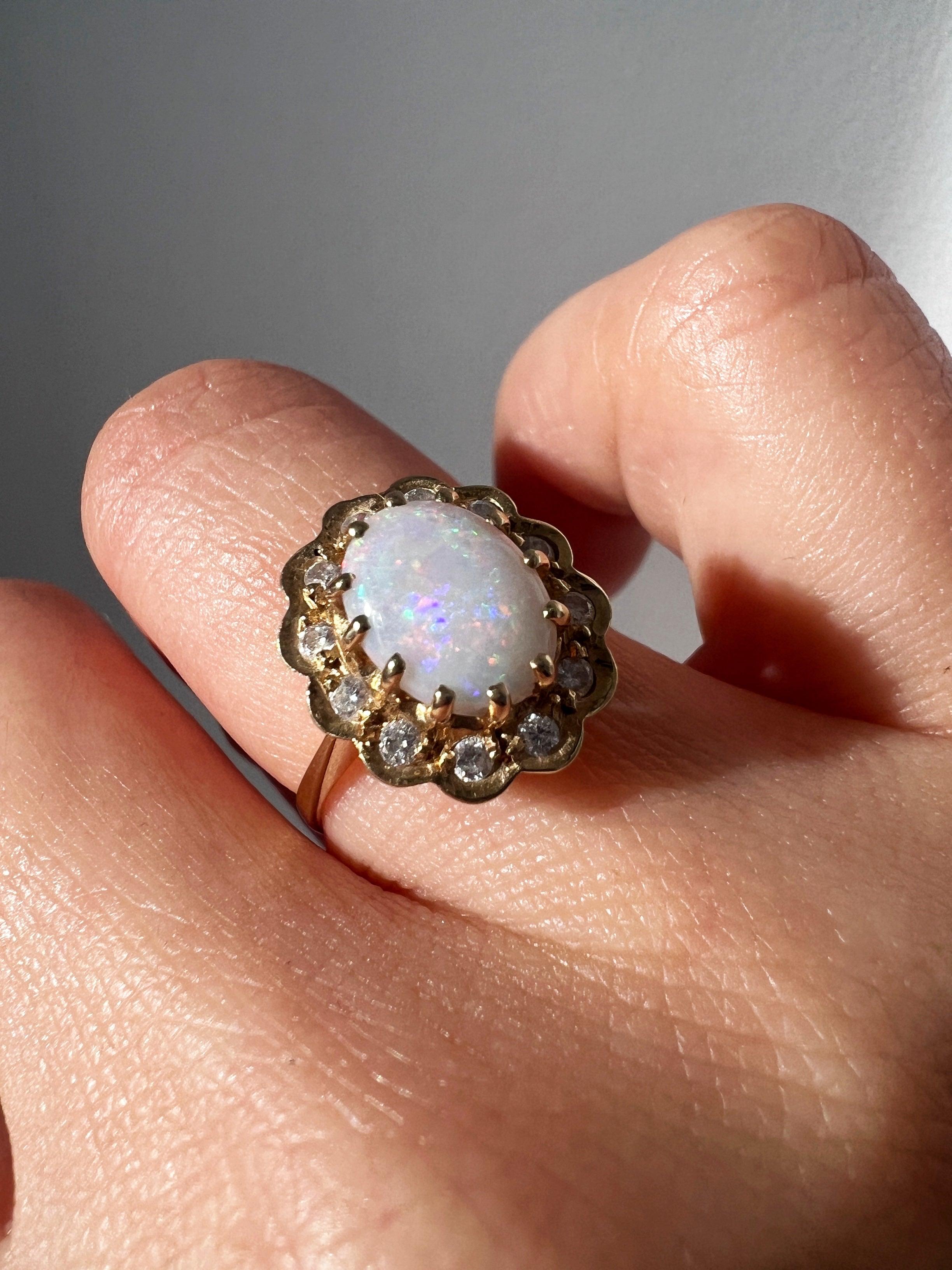 Vintage 18k yellow gold diamond white opal cluster ring - Curiously timeless