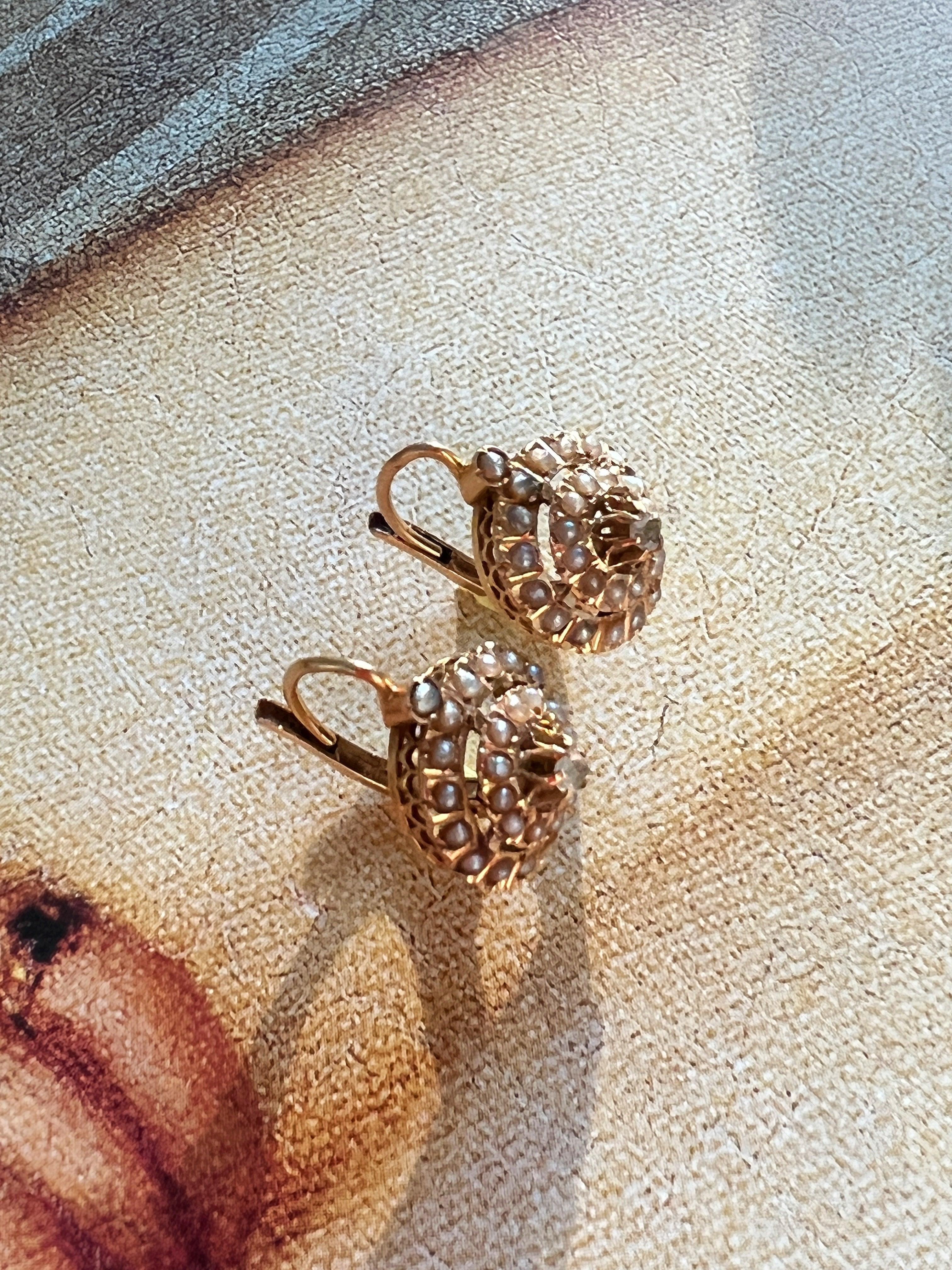 Beautiful French Antique Victorian 18K pearl diamond dome sleeper earrings - Curiously timeless