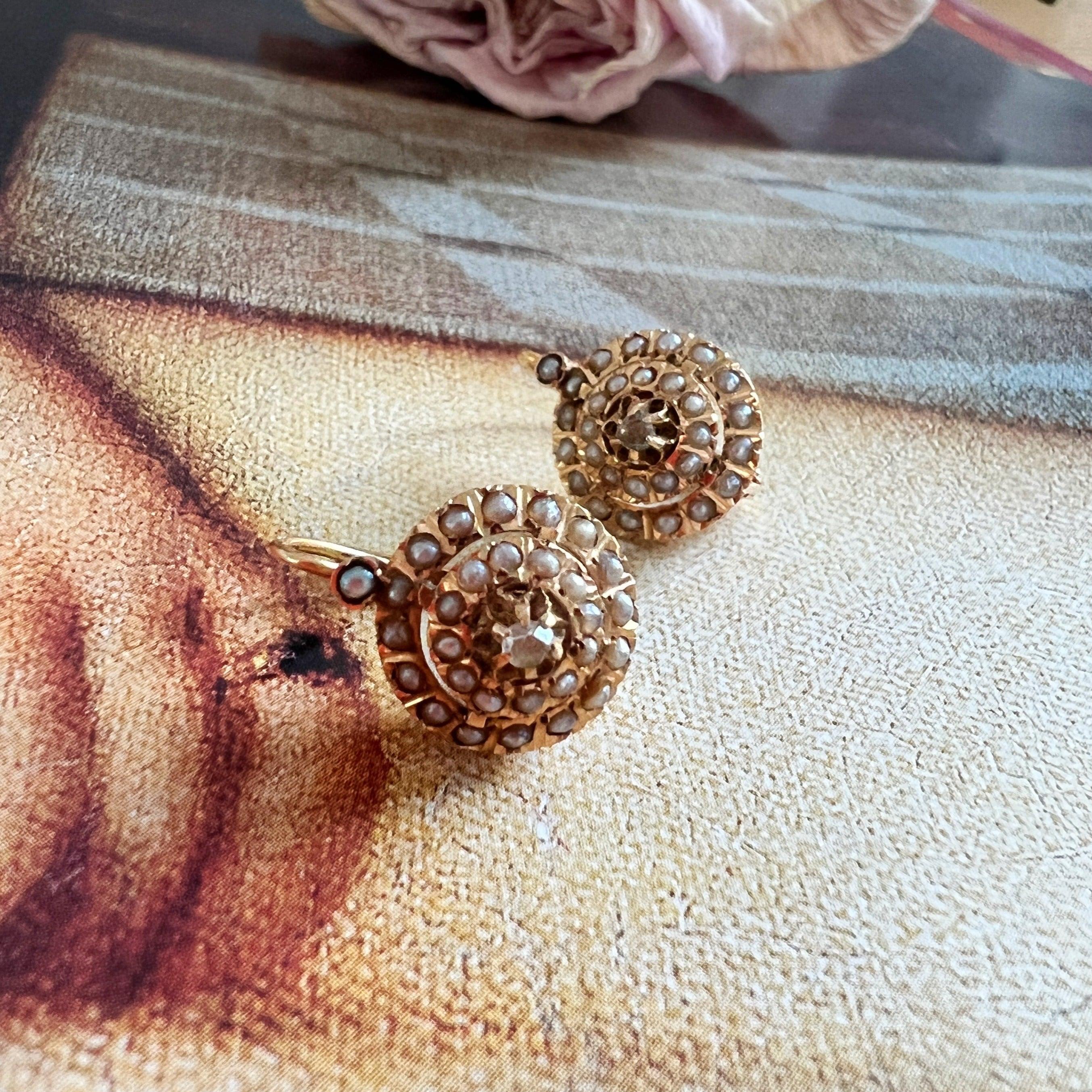 Beautiful French Antique Victorian 18K pearl diamond dome sleeper earrings - Curiously timeless