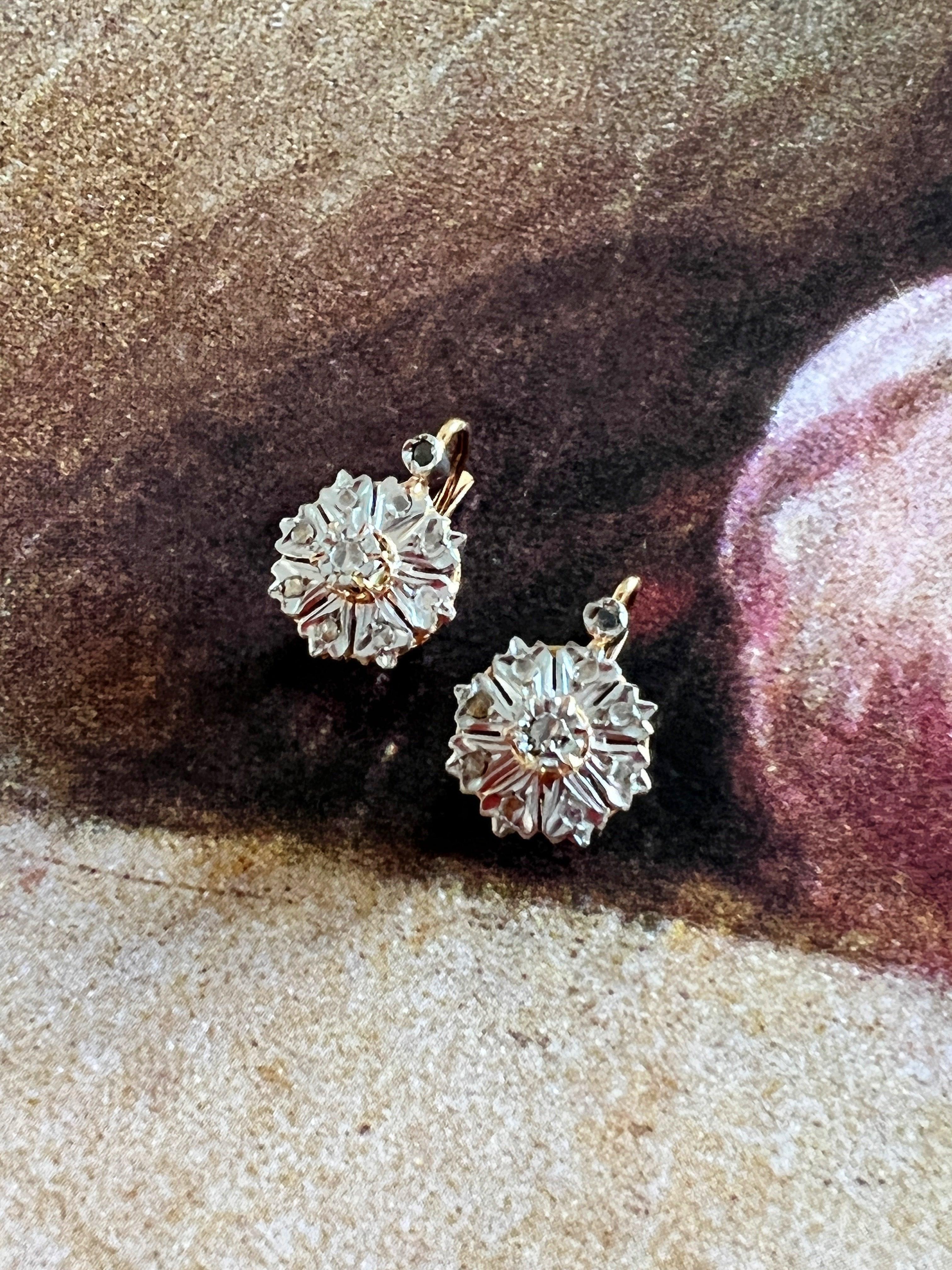 Elegant French Antique Victorian 18K diamond flower sleeper earrings - Curiously timeless