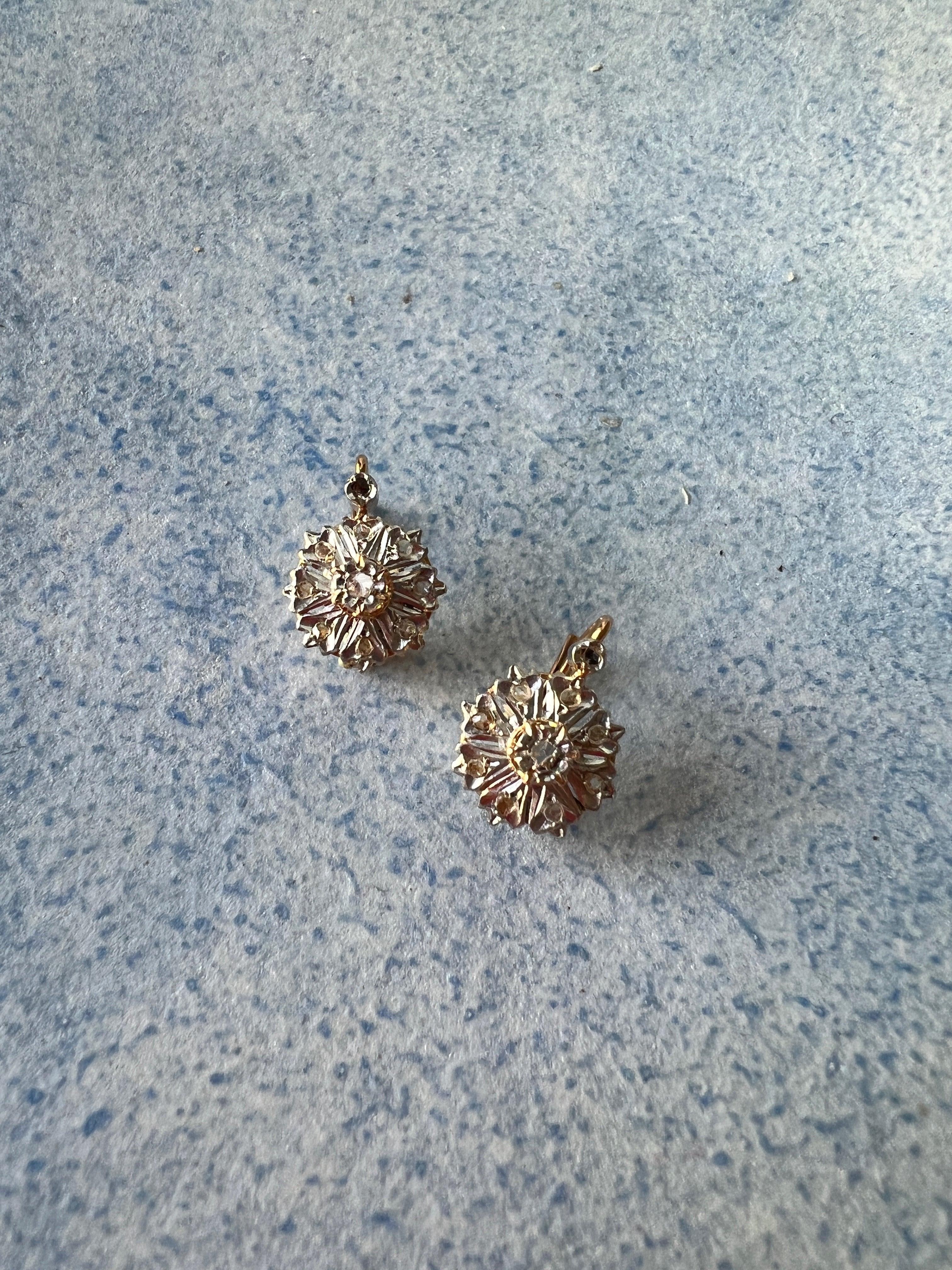 Elegant French Antique Victorian 18K diamond flower sleeper earrings - Curiously timeless