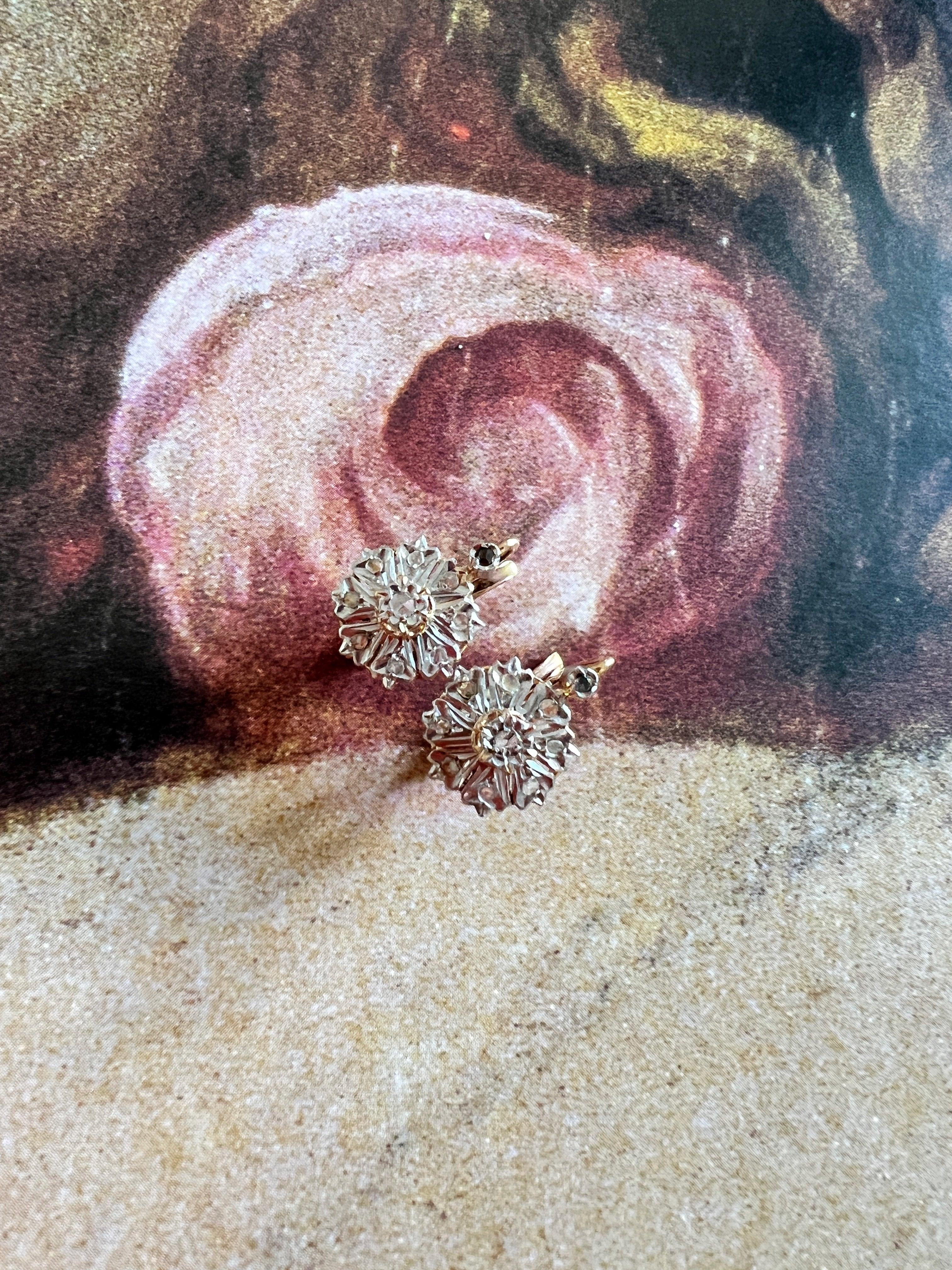 Elegant French Antique Victorian 18K diamond flower sleeper earrings - Curiously timeless