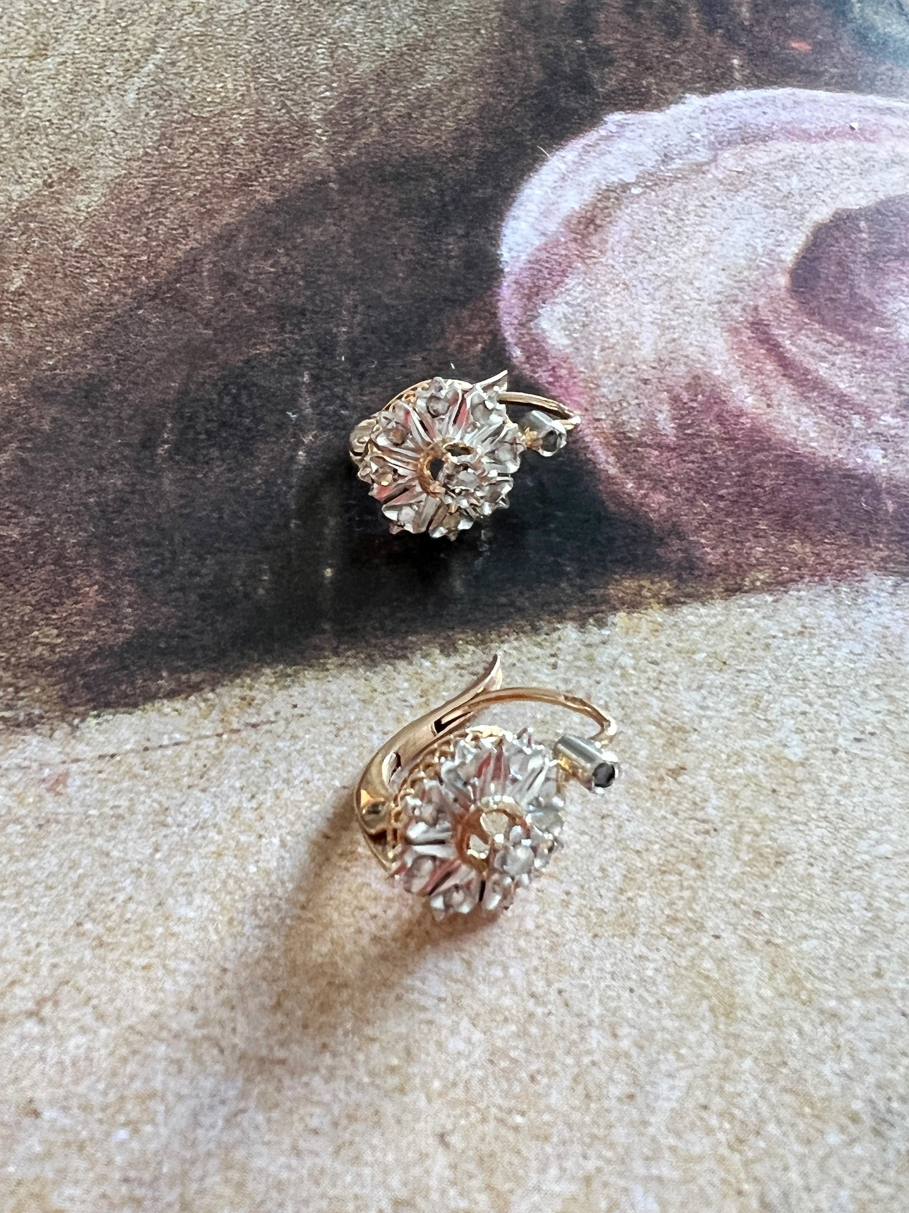 Elegant French Antique Victorian 18K diamond flower sleeper earrings - Curiously timeless