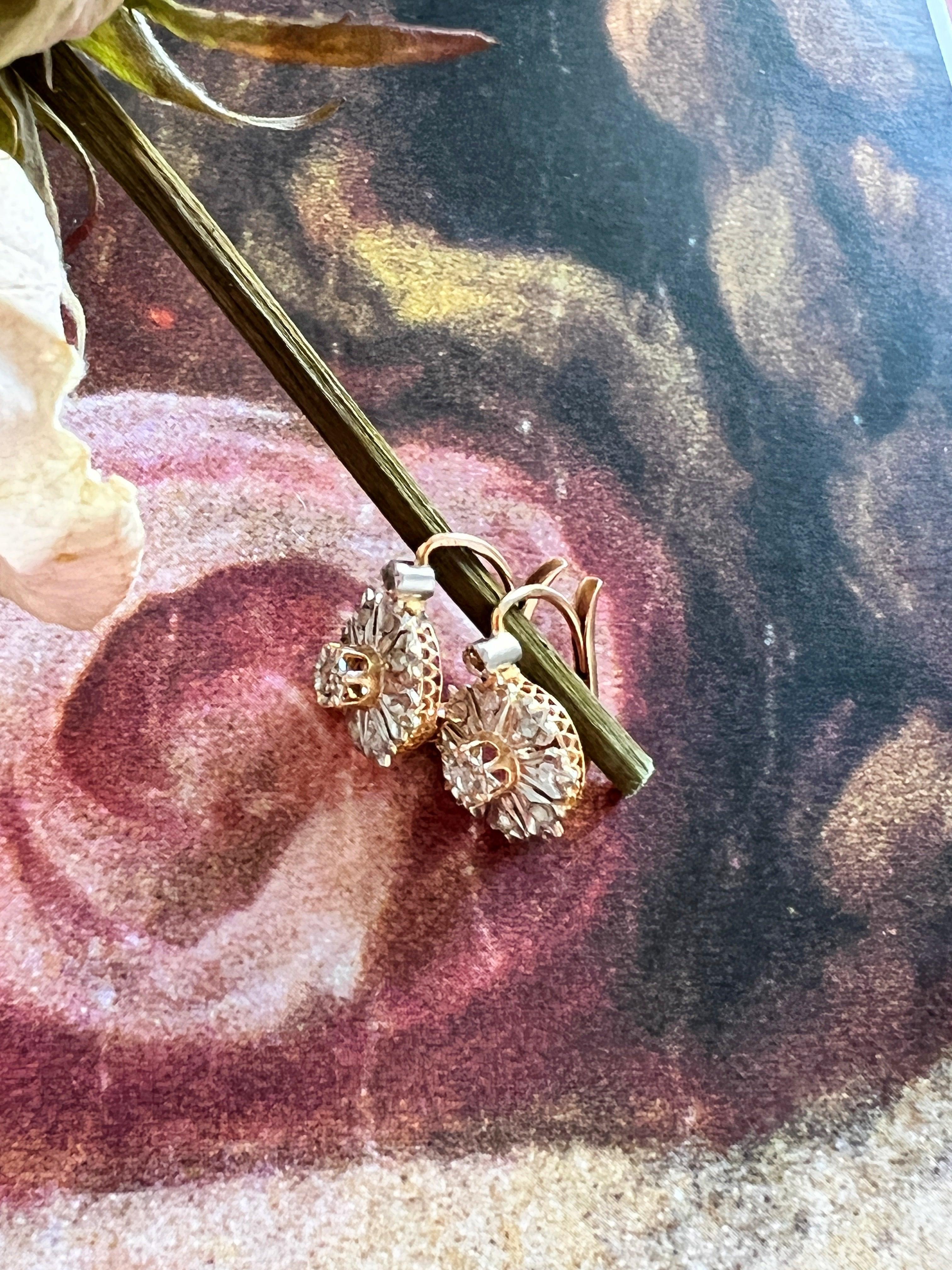 Elegant French Antique Victorian 18K diamond flower sleeper earrings - Curiously timeless