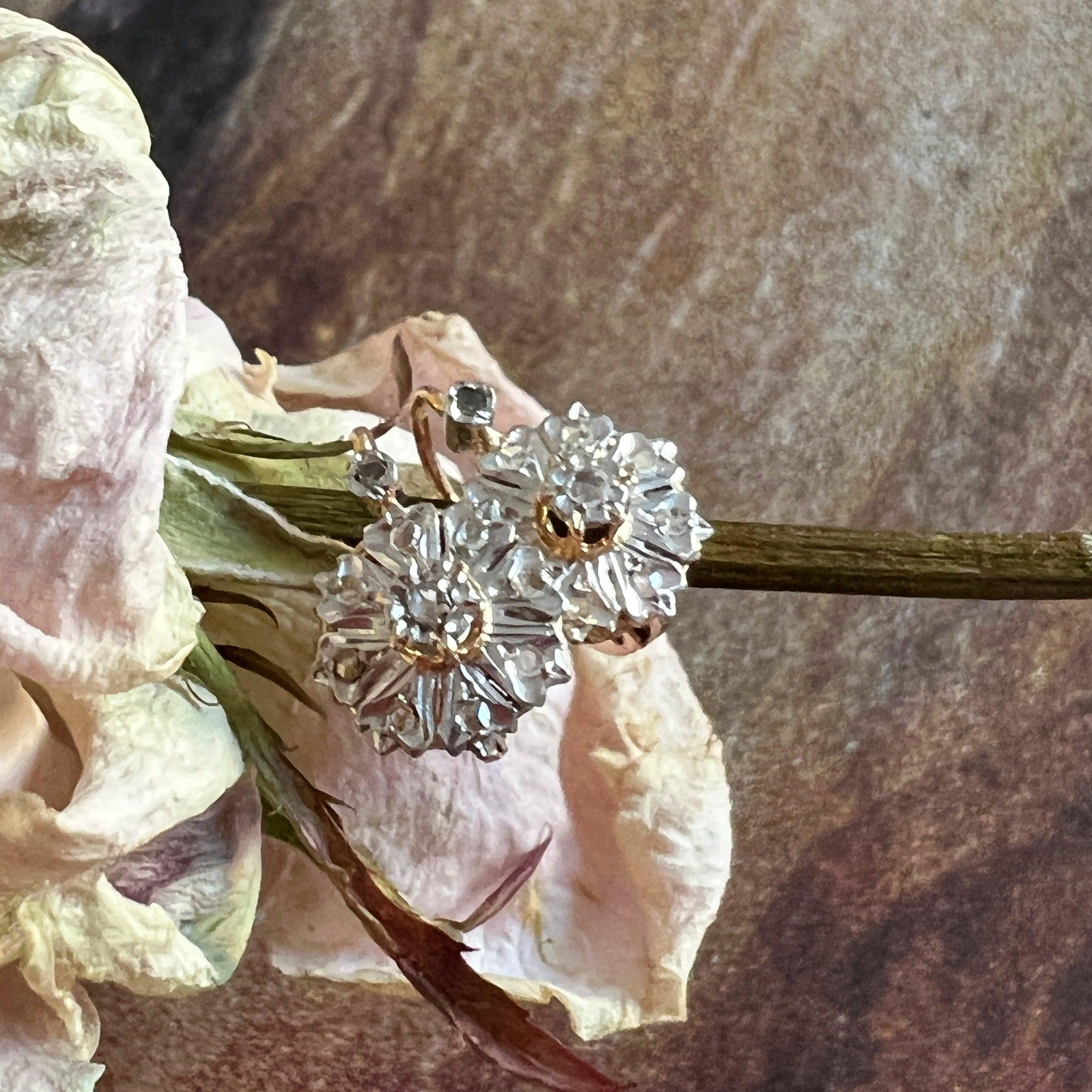 Elegant French Antique Victorian 18K diamond flower sleeper earrings - Curiously timeless