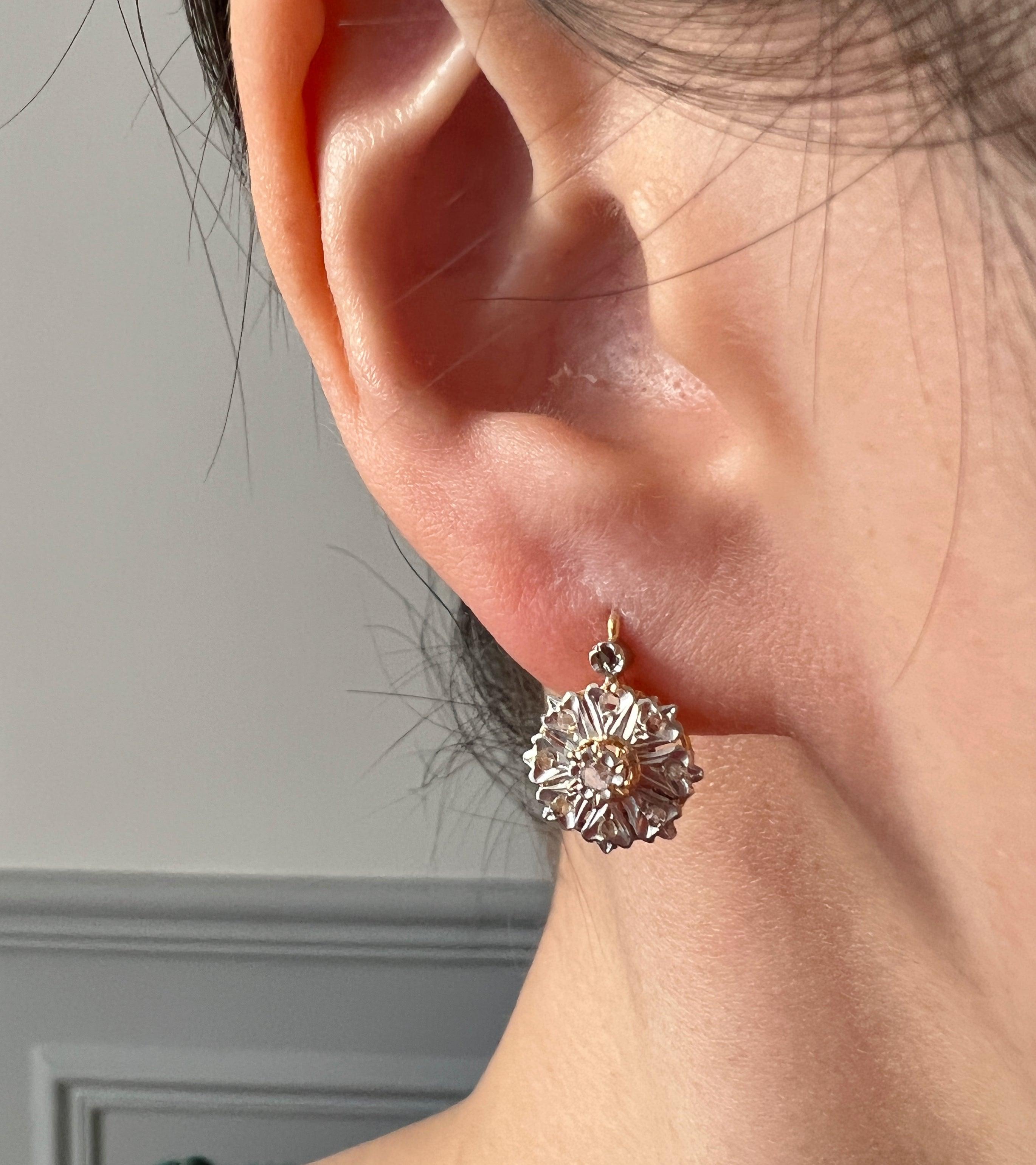 Elegant French Antique Victorian 18K diamond flower sleeper earrings - Curiously timeless