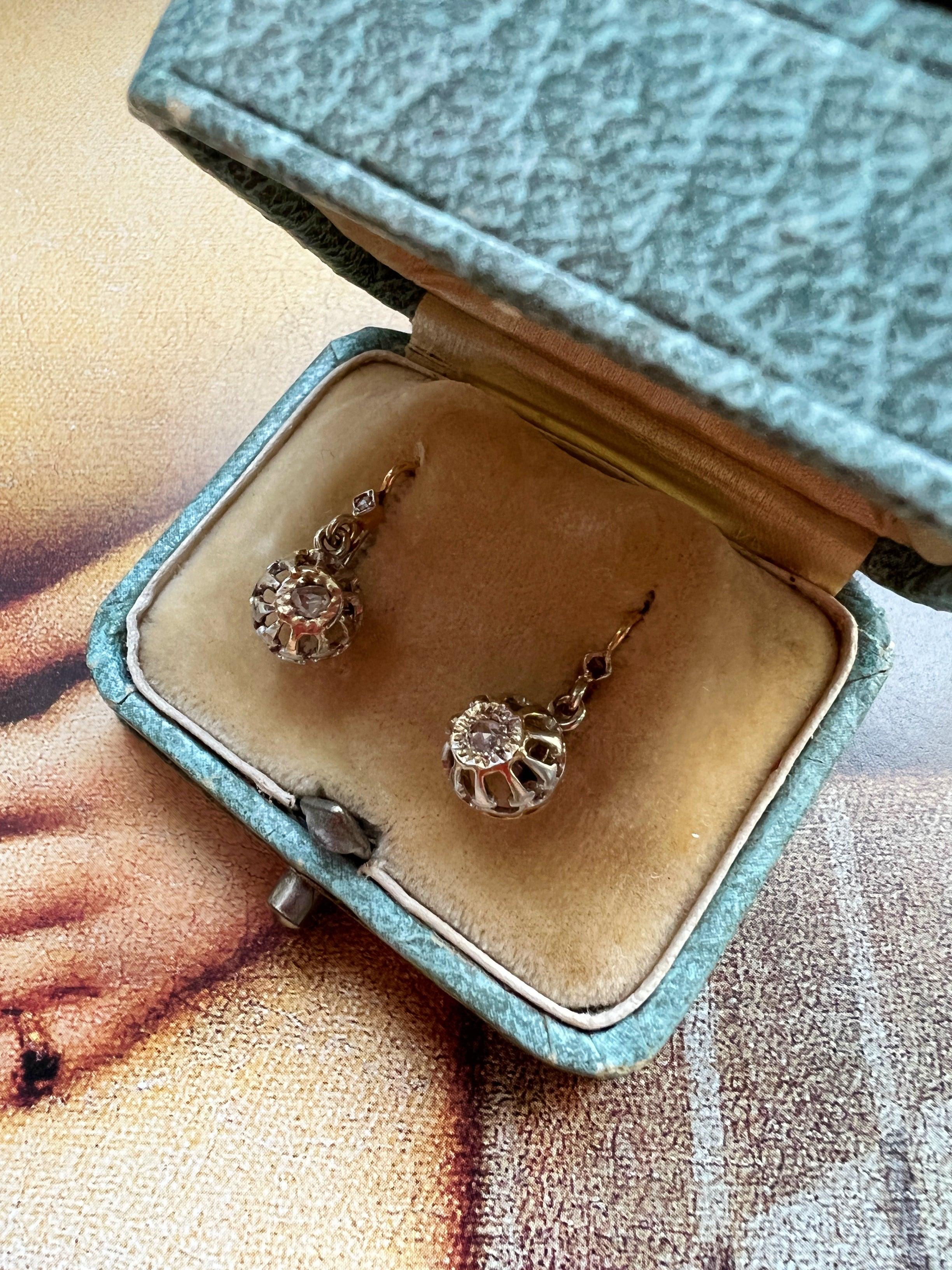 Sparkling Boxed French Antique 18K gold diamond “trembleuse” sleeper earrings - Curiously timeless