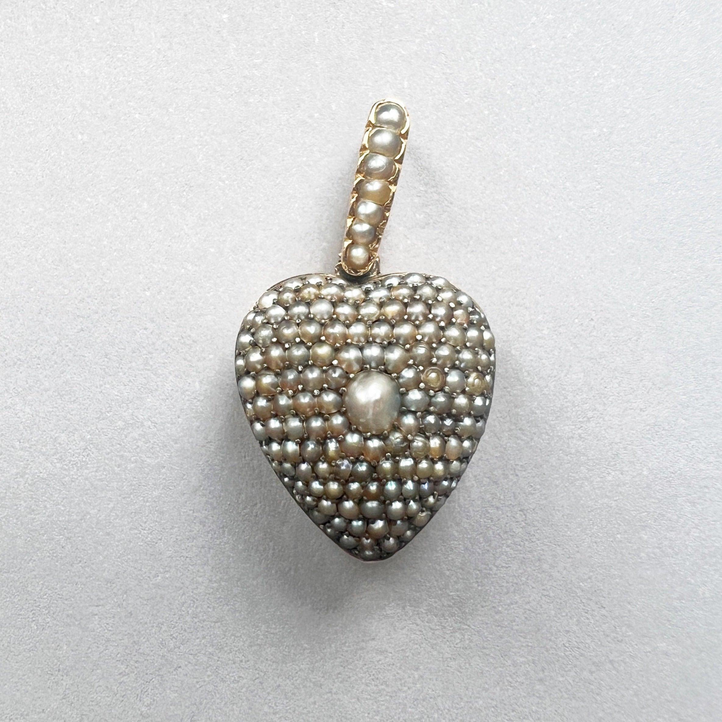 Victorian era 18K gold gray seed pearl puffy heart photo locket pendant - Curiously timeless