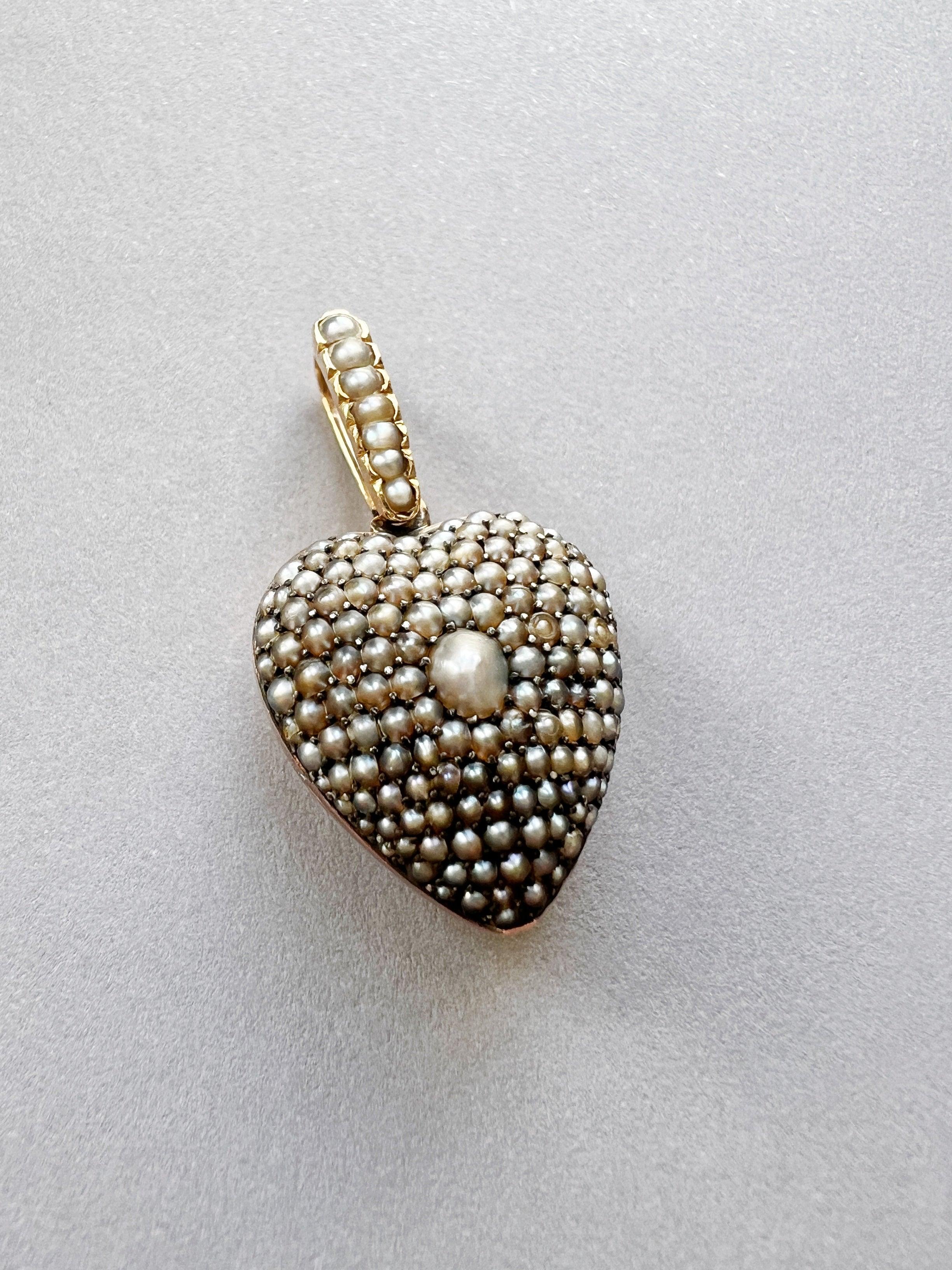 Victorian era 18K gold gray seed pearl puffy heart photo locket pendant - Curiously timeless