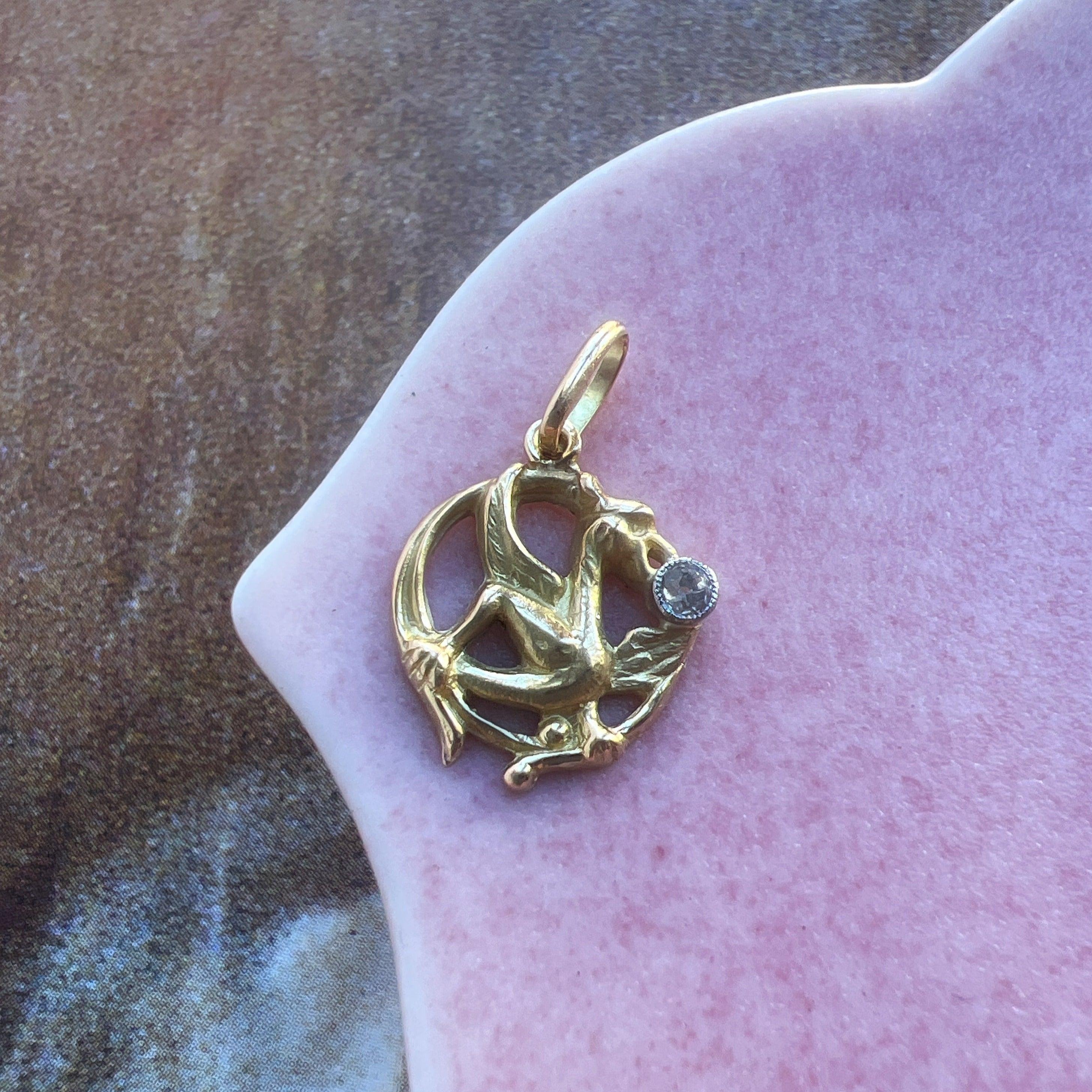 Cute Mini French Antique Victorian Era 18k gold diamond chimera dragon pendant - Curiously timeless