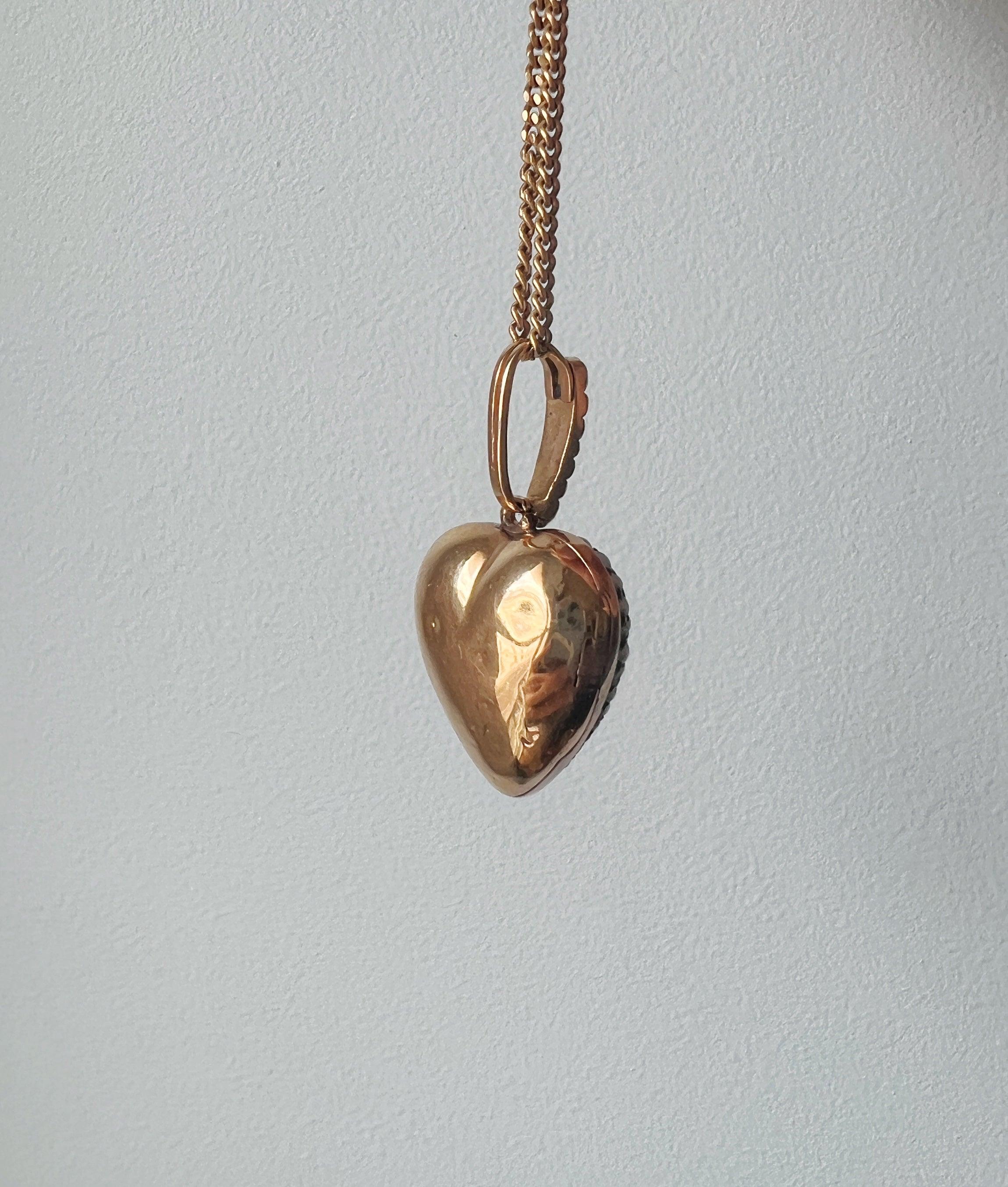 Victorian era 18K gold gray seed pearl puffy heart photo locket pendant - Curiously timeless