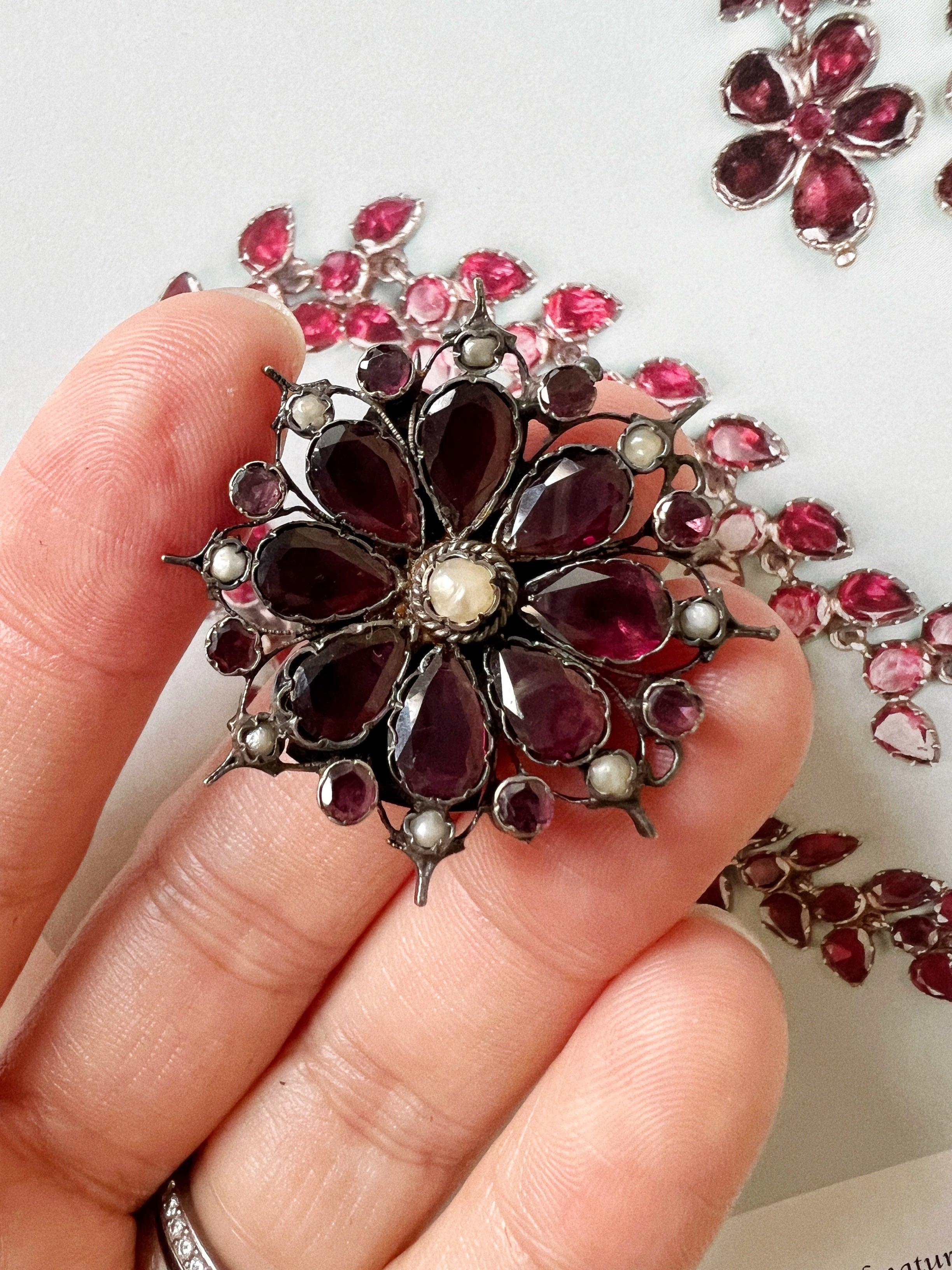 Georgian era flat cut garnet seed pearl flower brooch - Curiously timeless