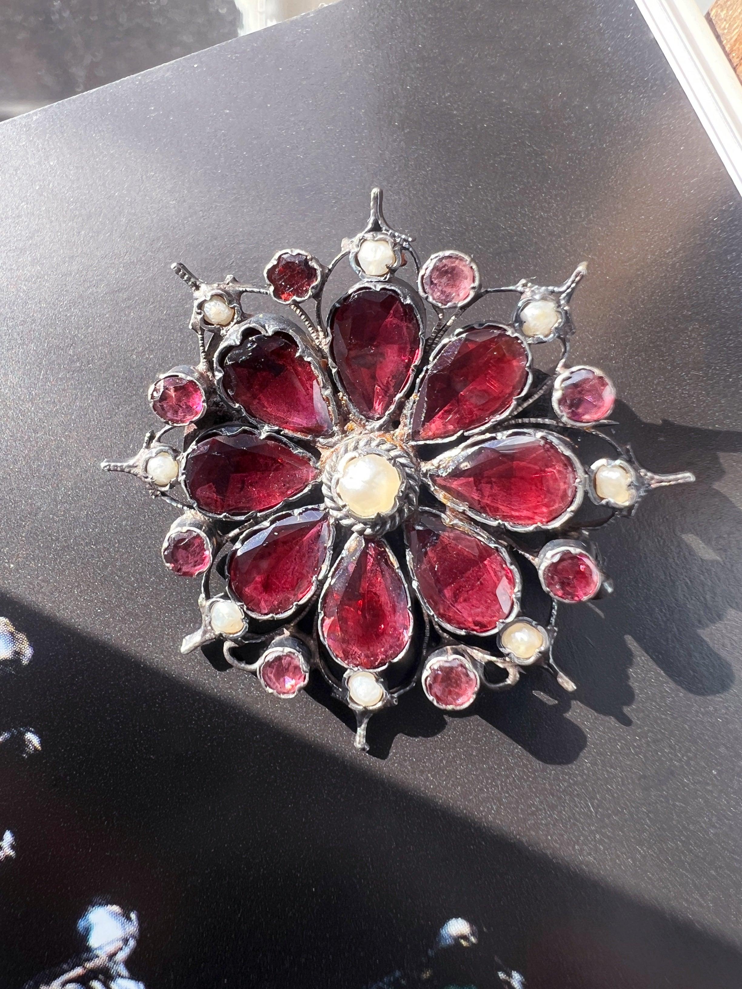 Georgian era flat cut garnet seed pearl flower brooch - Curiously timeless