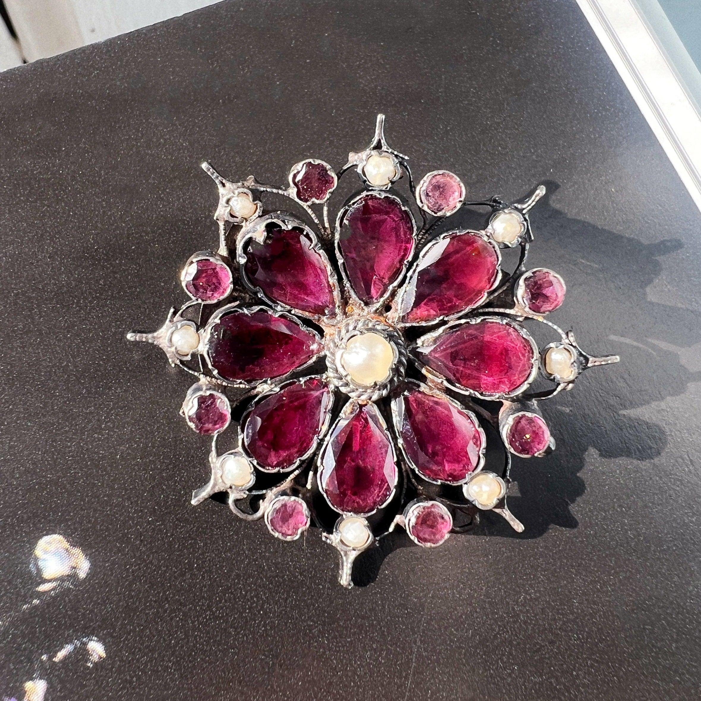 Georgian era flat cut garnet seed pearl flower brooch - Curiously timeless