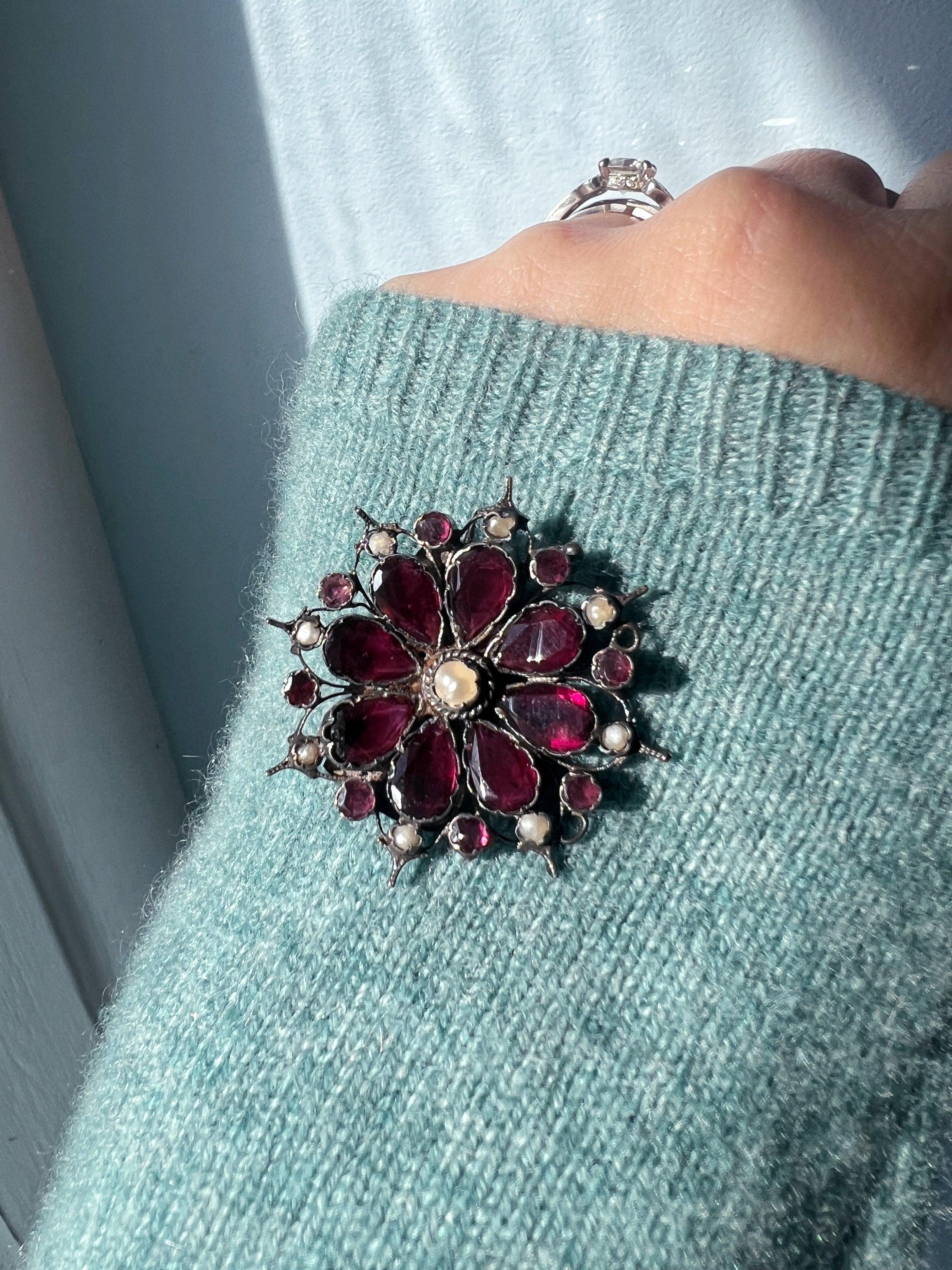 Georgian era flat cut garnet seed pearl flower brooch - Curiously timeless