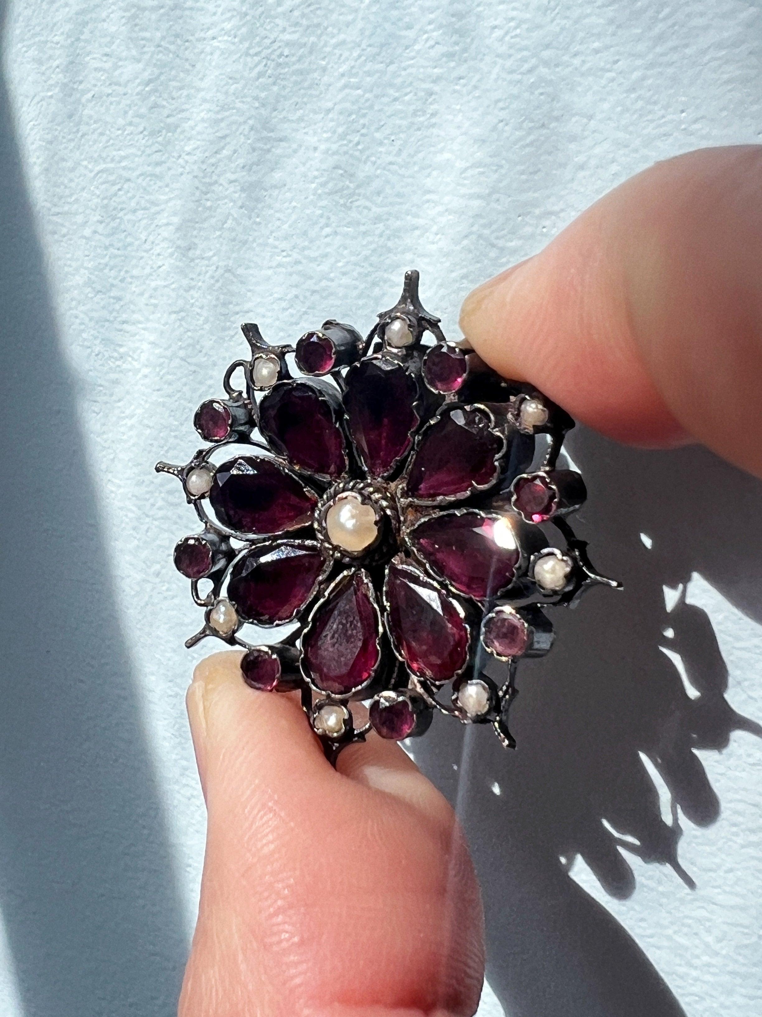 Georgian era flat cut garnet seed pearl flower brooch - Curiously timeless