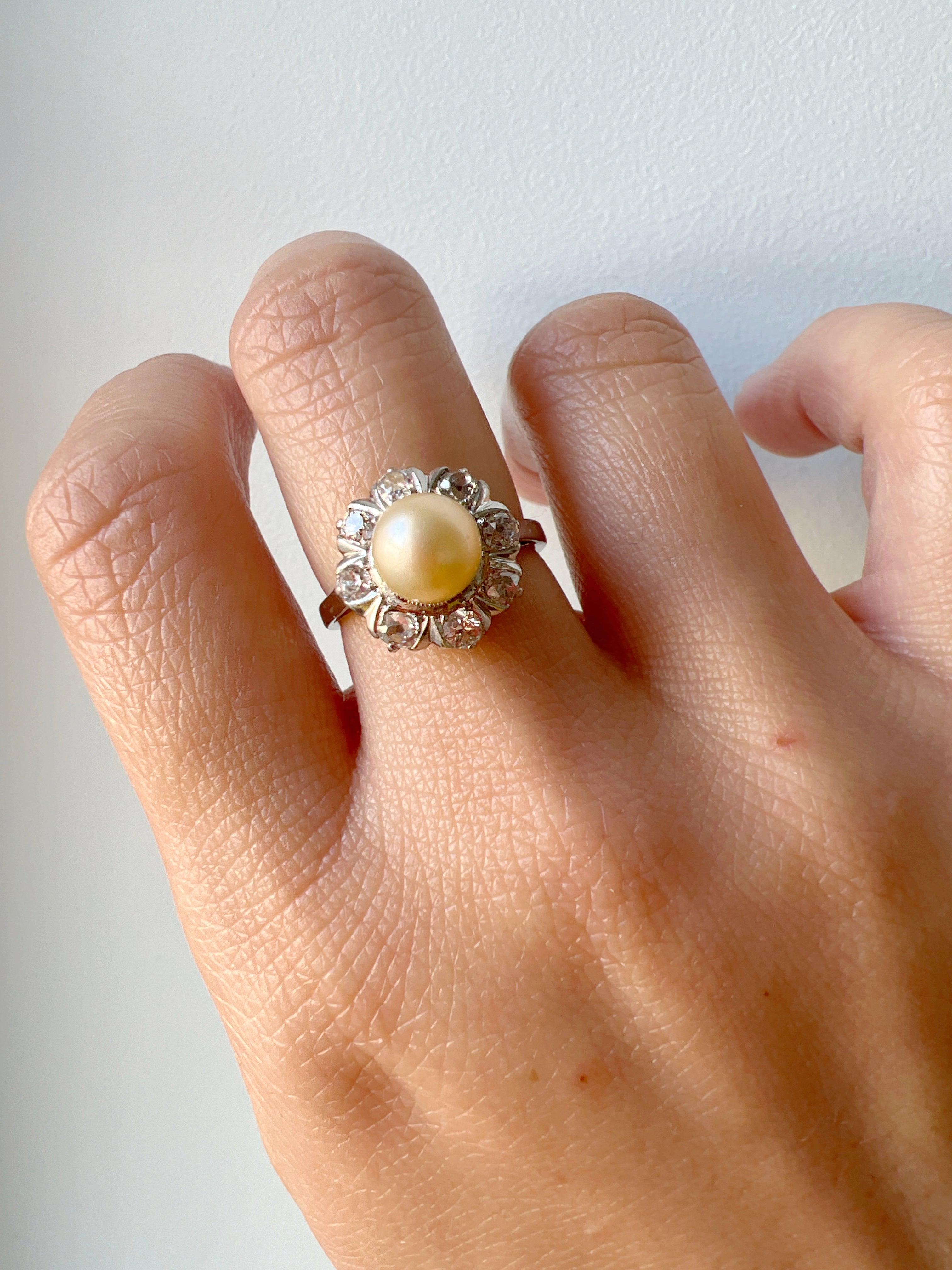 Edwardian 18k gold platinum diamond Pearl cluster ring - Curiously timeless