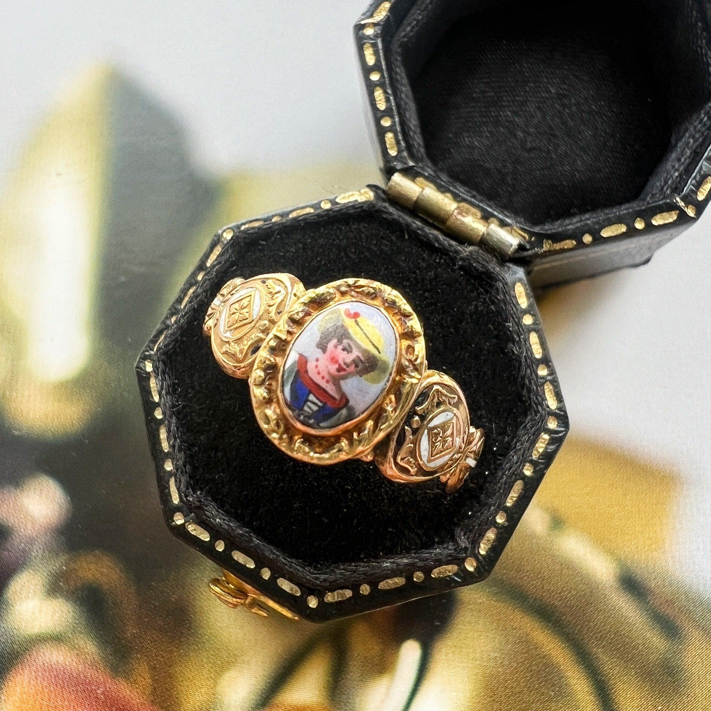 Victorian era 18K gold miniature portrait enamel ring of a young lady - Curiously timeless