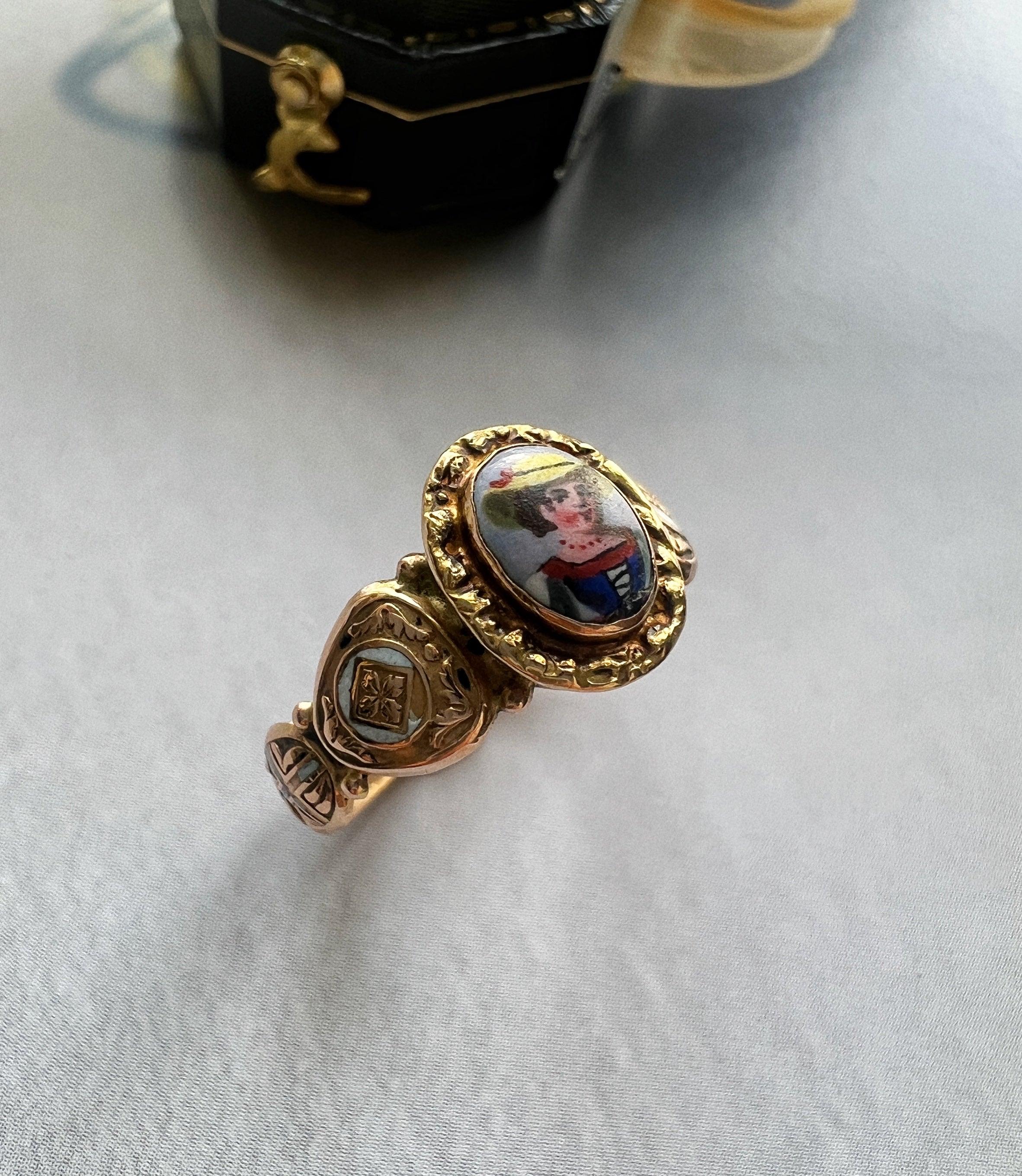 Victorian era 18K gold miniature portrait enamel ring of a young lady - Curiously timeless