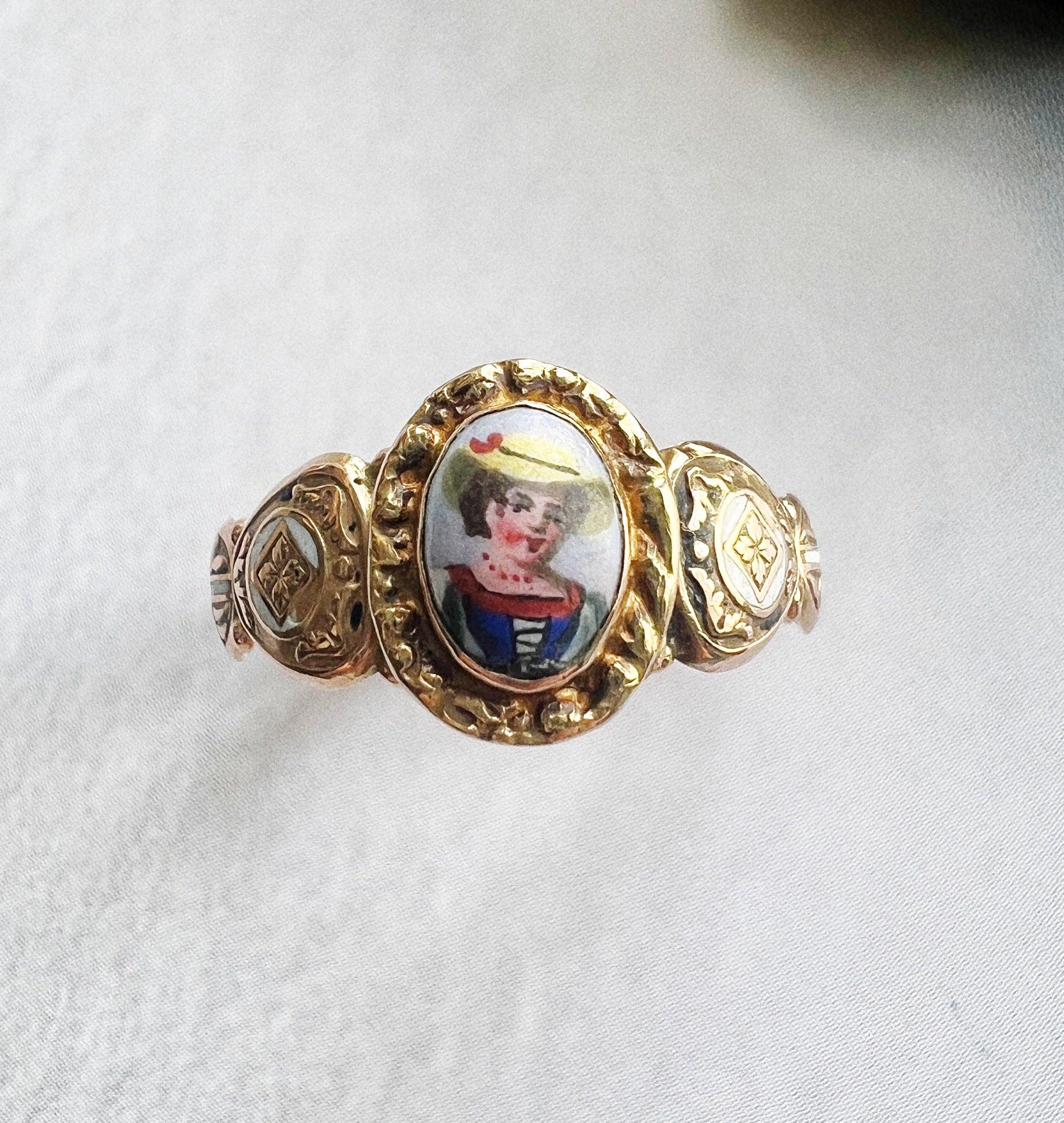 Victorian era 18K gold miniature portrait enamel ring of a young lady - Curiously timeless