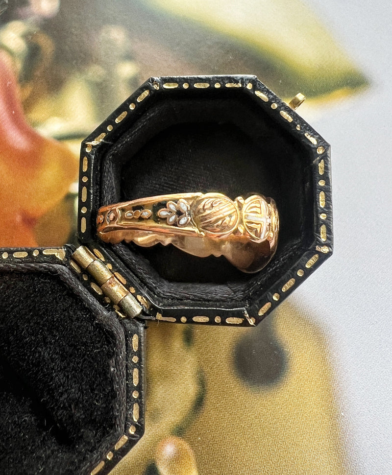 Victorian era 18K gold miniature portrait enamel ring of a young lady