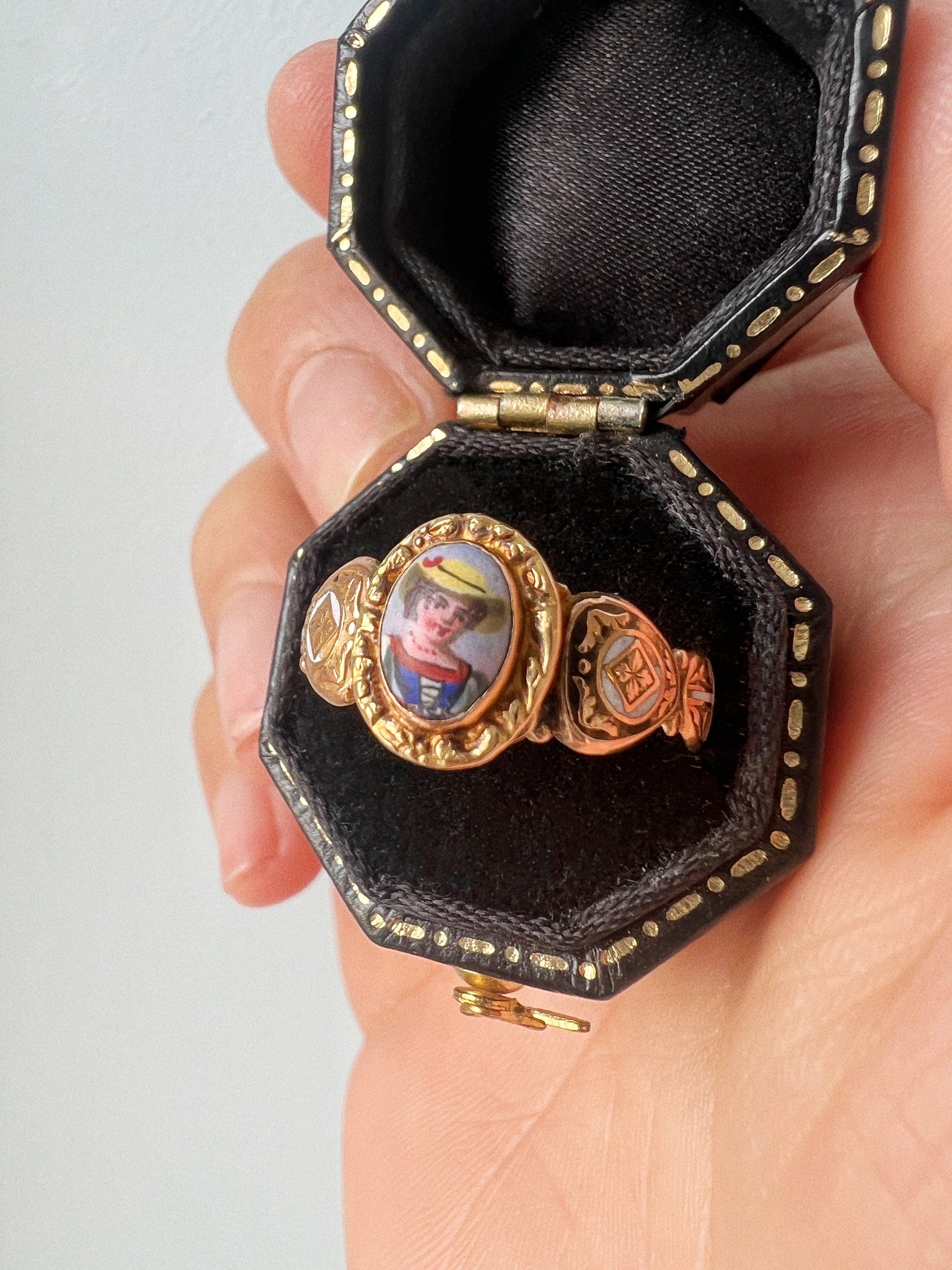 Victorian era 18K gold miniature portrait enamel ring of a young lady - Curiously timeless