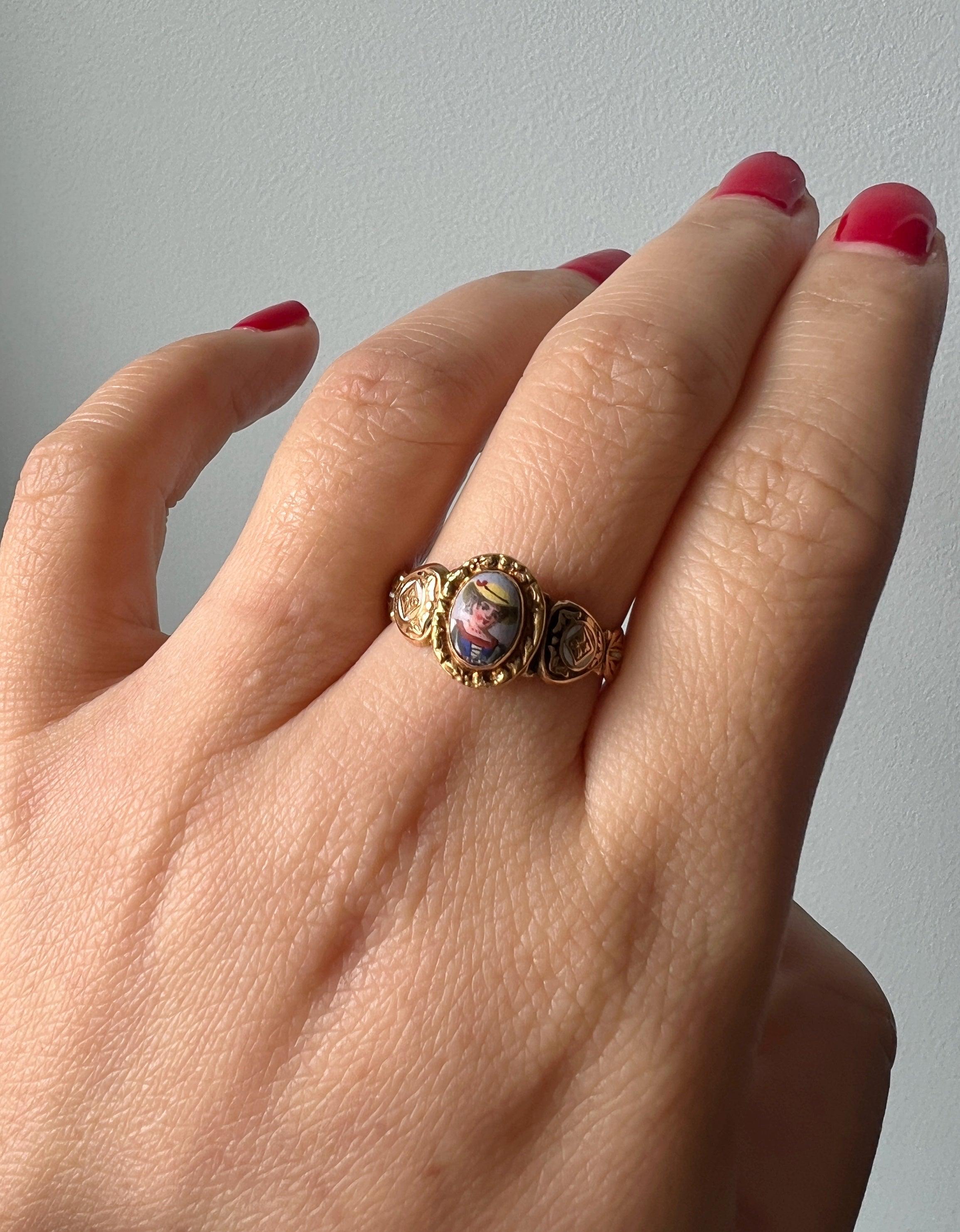 Victorian era 18K gold miniature portrait enamel ring of a young lady - Curiously timeless