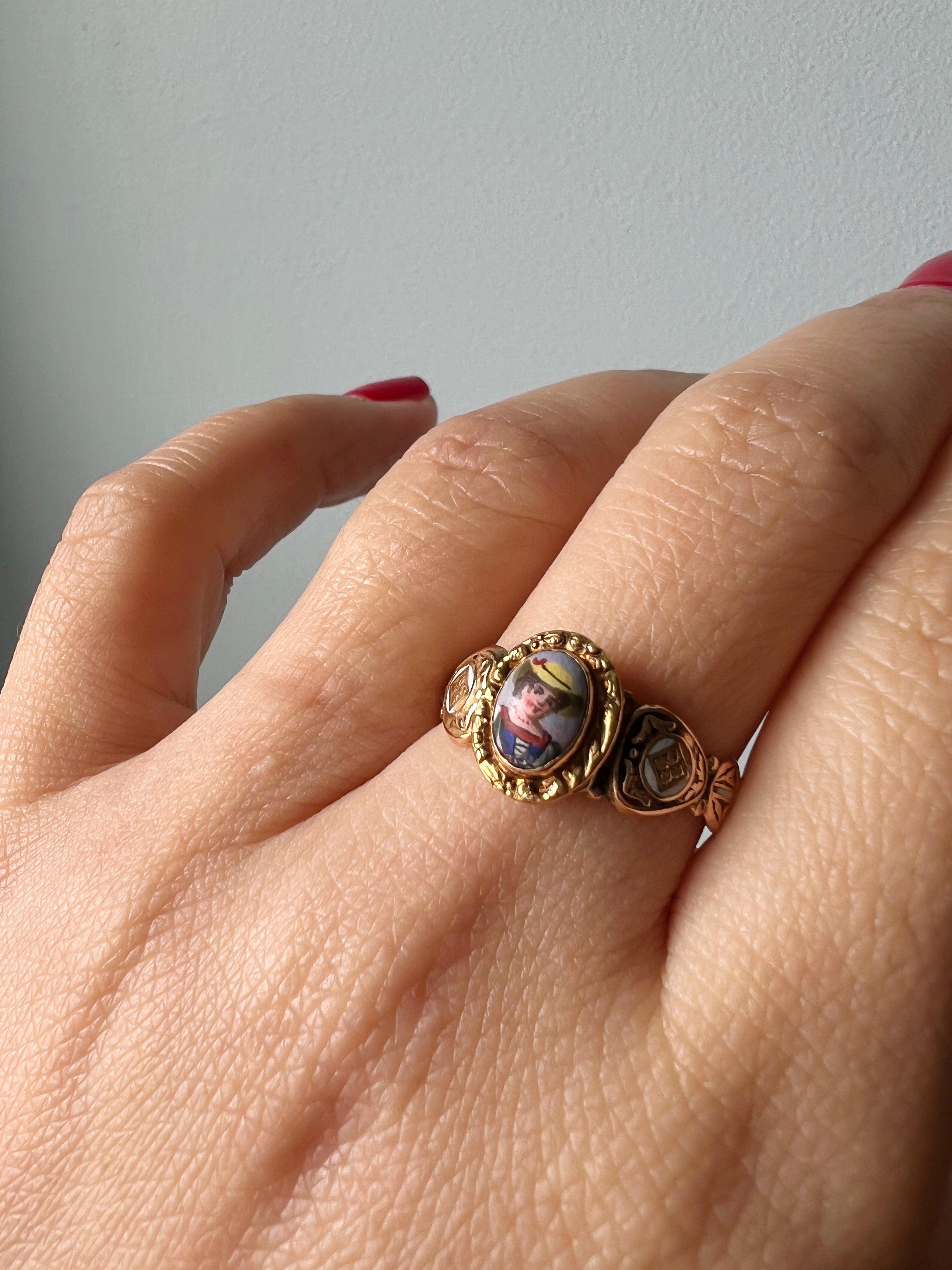 Victorian era 18K gold miniature portrait enamel ring of a young lady - Curiously timeless