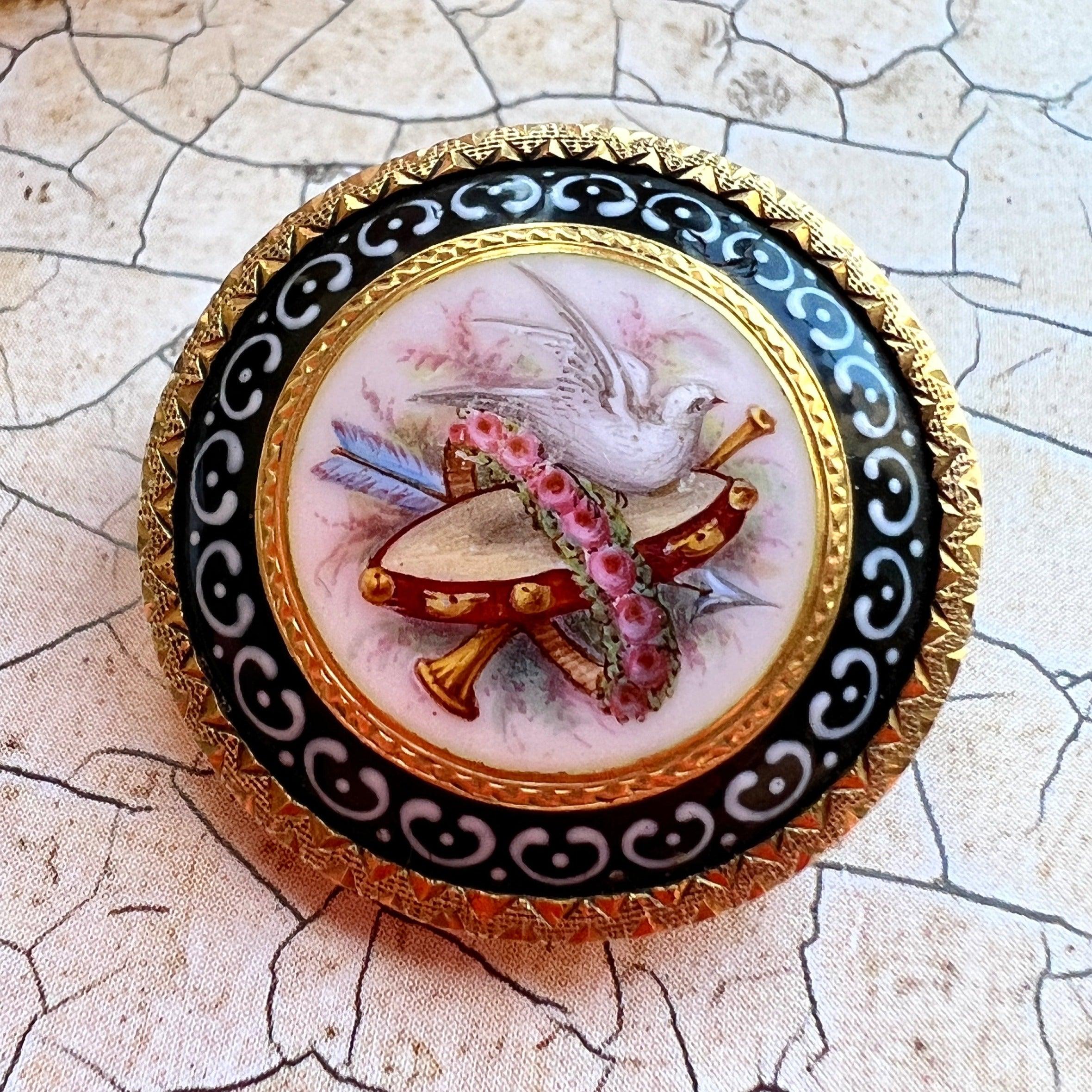 Stunning Victorian 18k gold Dove Rose Arrow Enamel Brooch - Curiously timeless