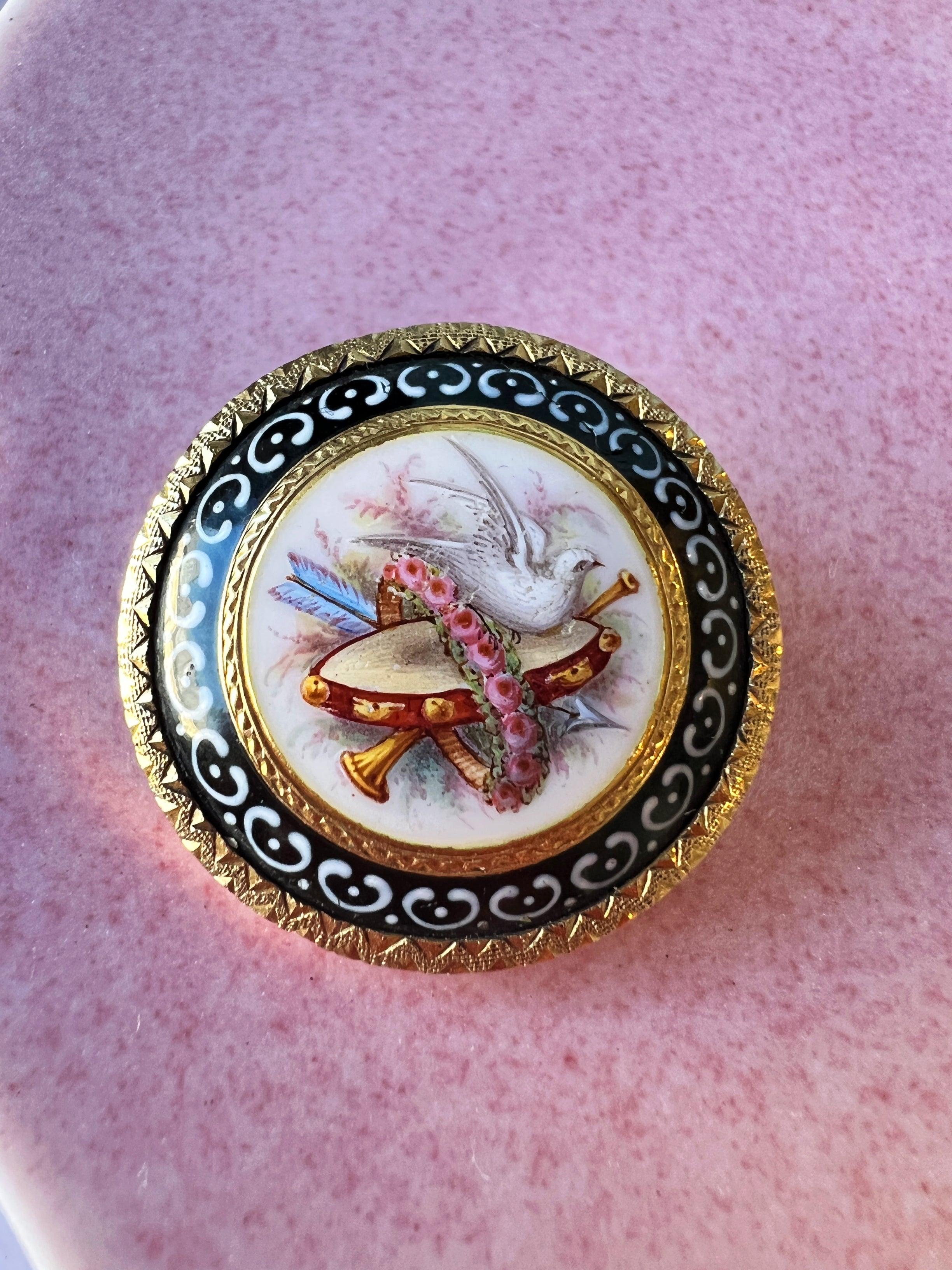 Stunning Victorian 18k gold Dove Rose Arrow Enamel Brooch - Curiously timeless