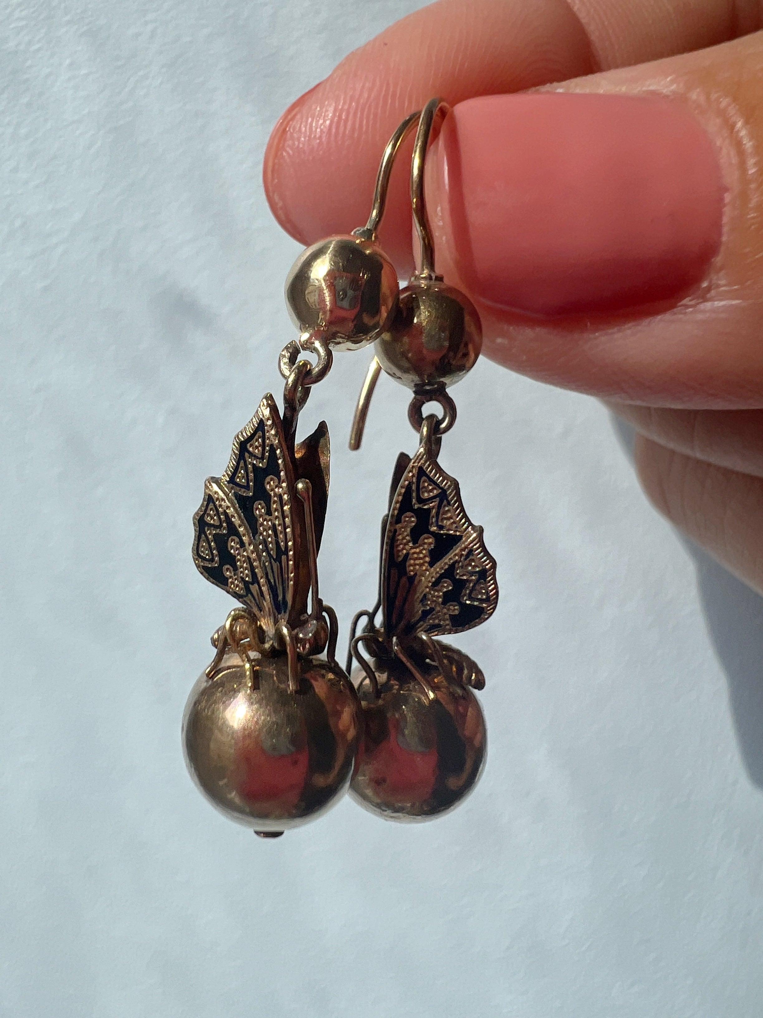 Antique 14k gold black enamel butterfly earrings - Curiously timeless