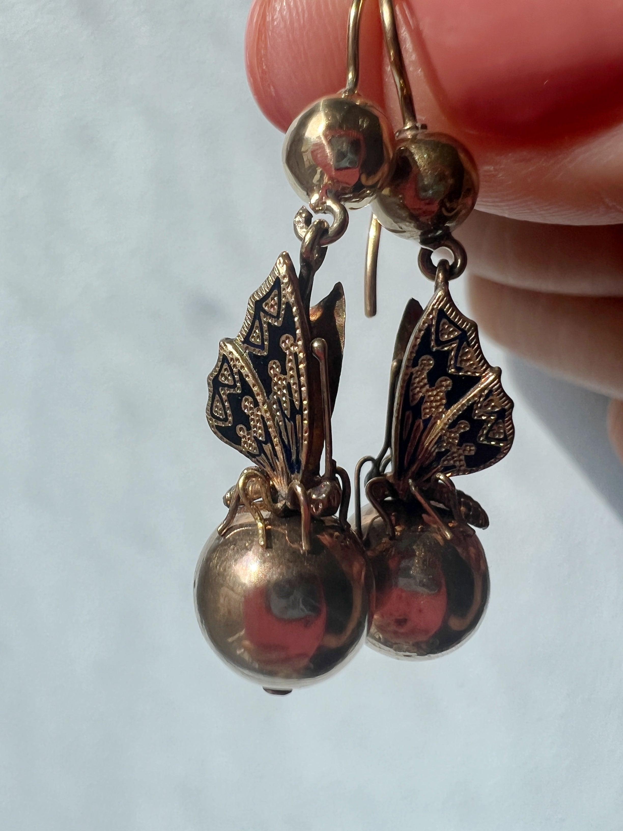 Antique 14k gold black enamel butterfly earrings - Curiously timeless