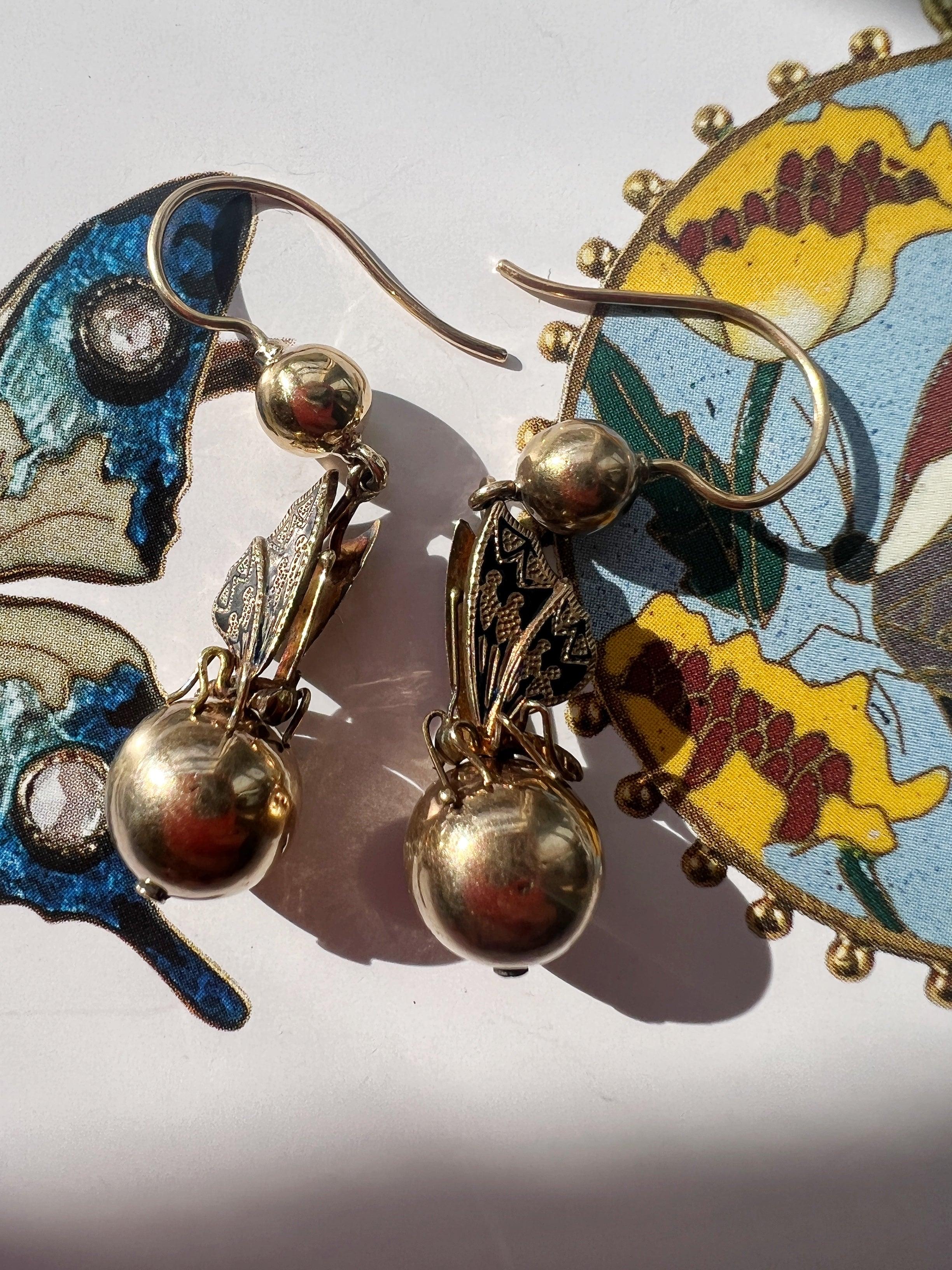 Antique 14k gold black enamel butterfly earrings - Curiously timeless