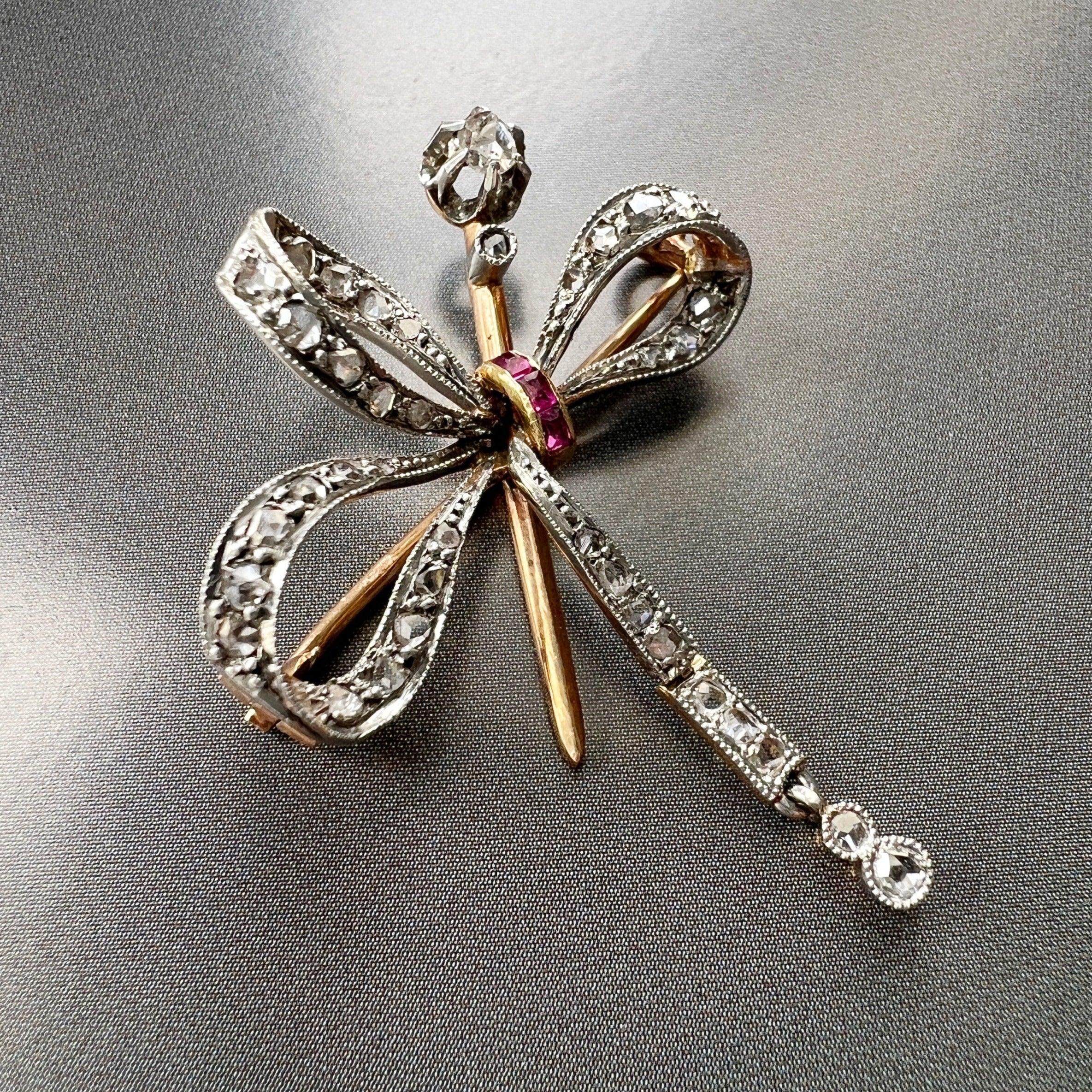 Victorian era 18K gold rose cut diamonds ruby articulated bow brooch - Curiously timeless